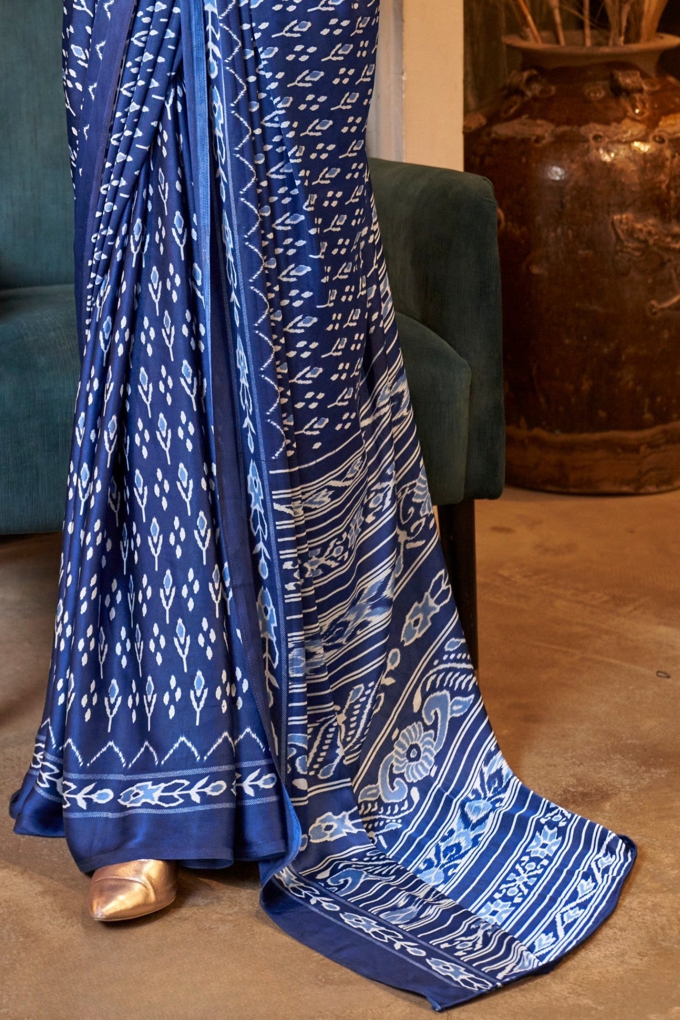 Egyptian Blue Patola Printed Satin Crepe Saree