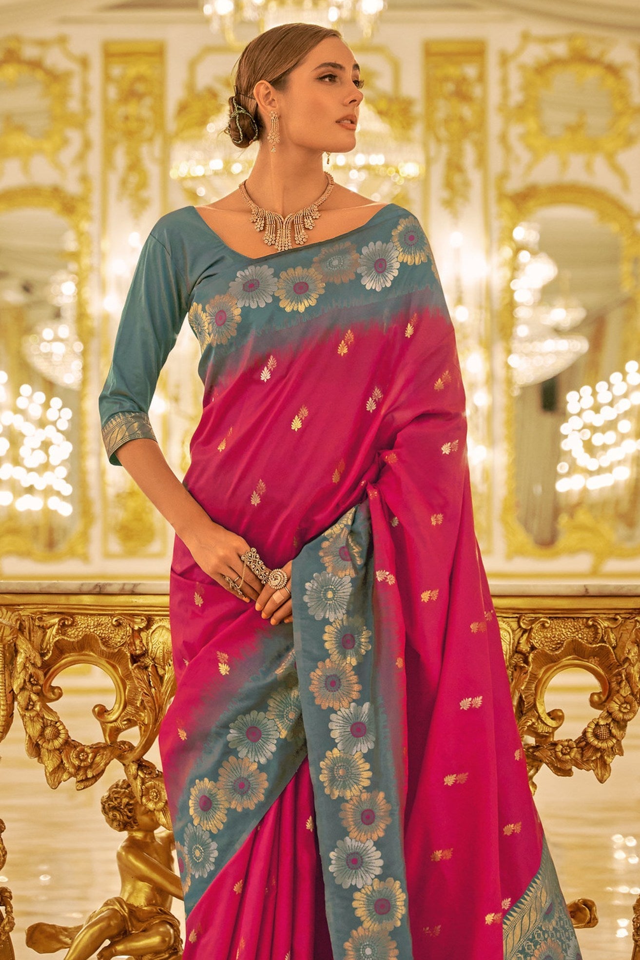 Dingy Dungeon Pink Woven Banarasi Saree