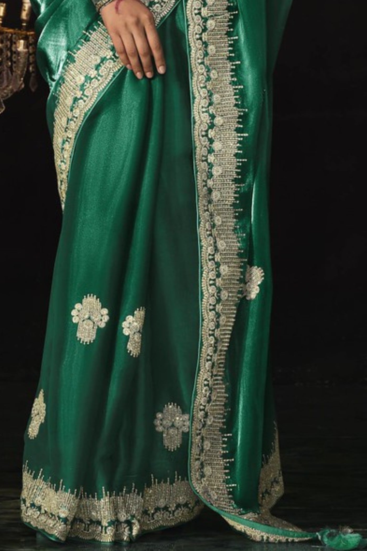 Hunter Green Tissue Embroidered Designer Saree