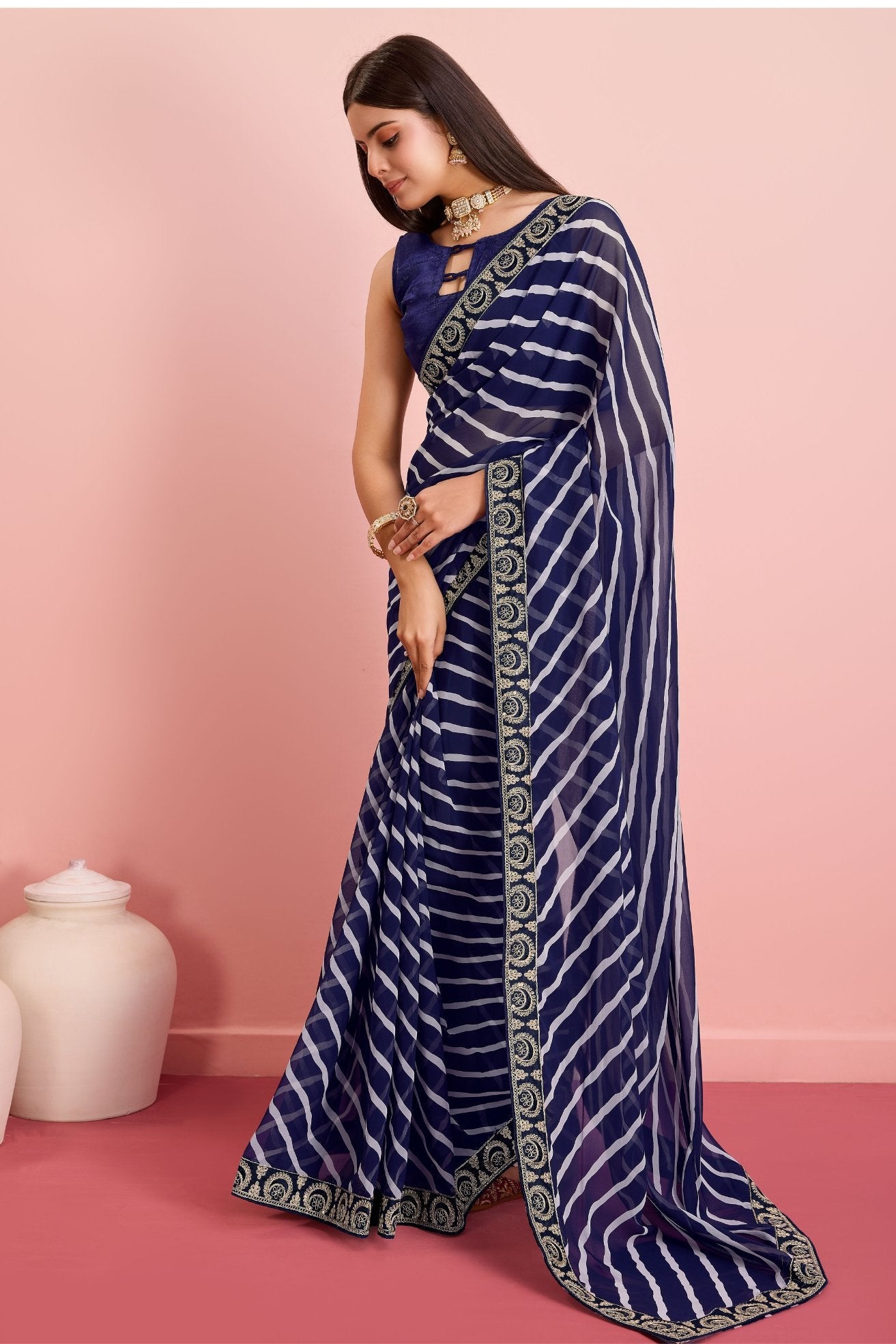 Port Gore Blue Georgette Lehriya Silk saree