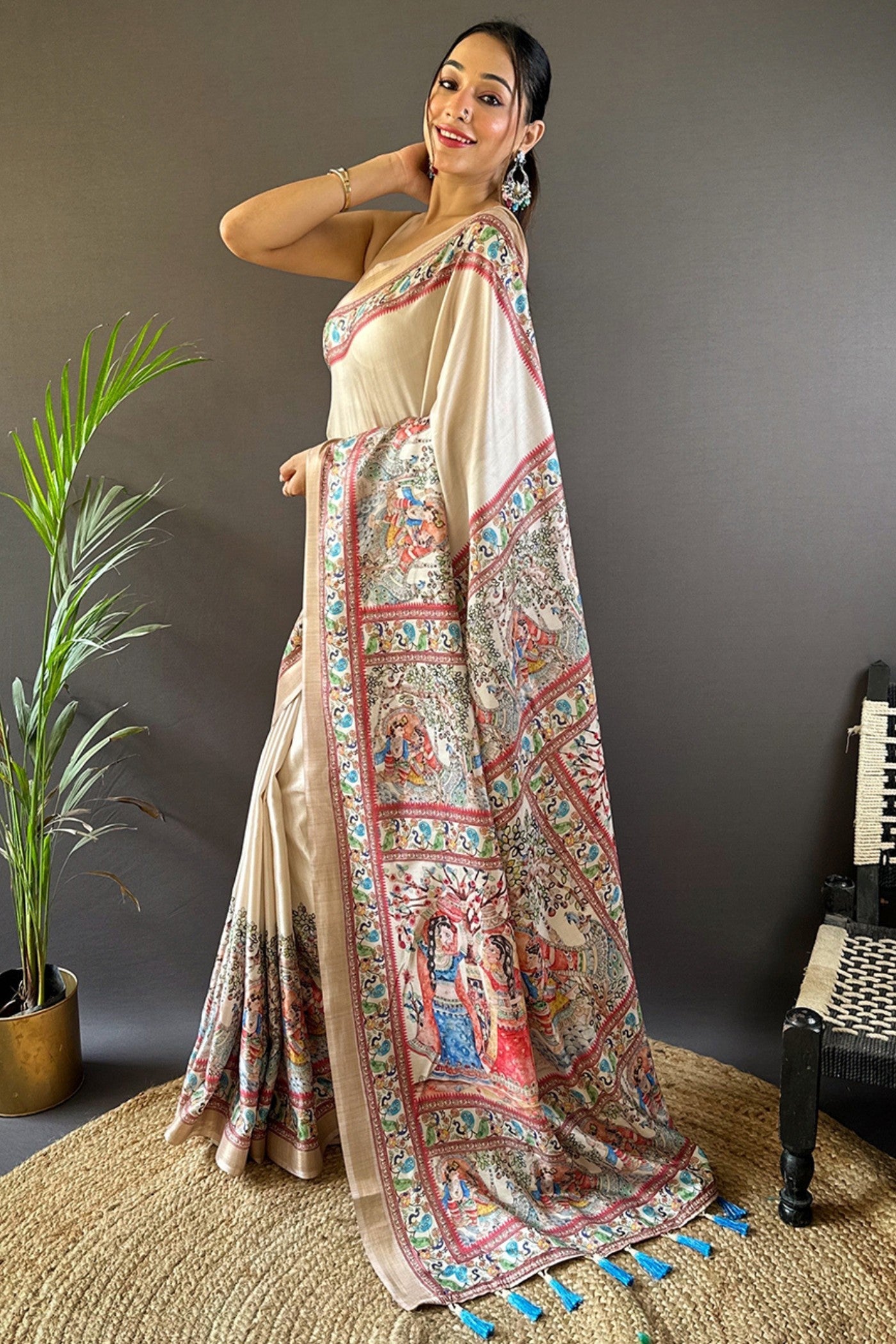 Spanish Cream Madhubani Printed Tussar Silk Saree