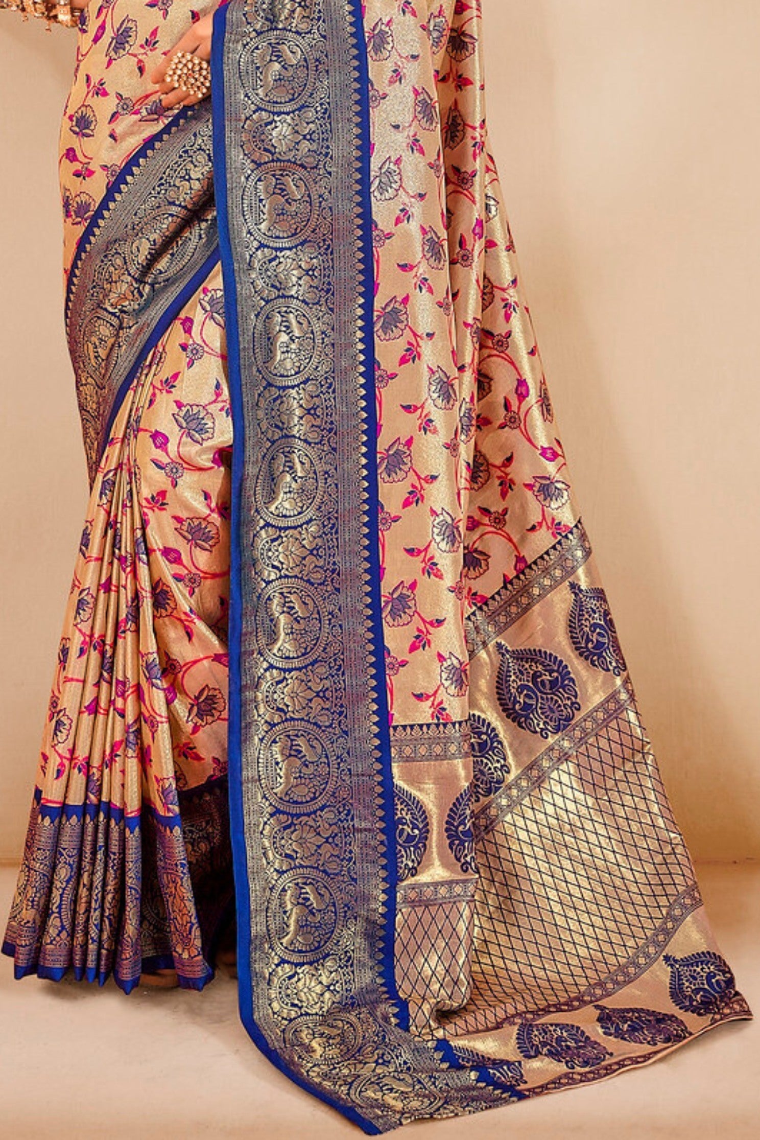 Barley Cream and Blue Zari Woven Banarasi Saree