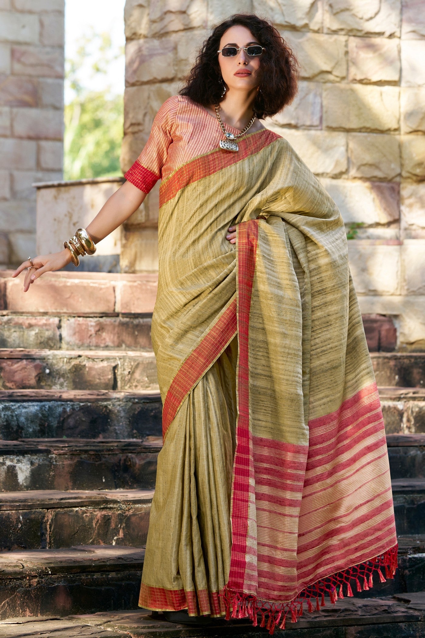 Barley Corn Green Handloom Katan Saree