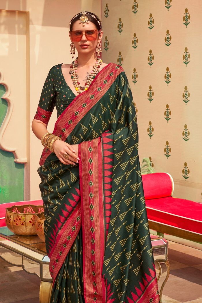 Cadmium Green Printed Banarasi Soft Silk Saree