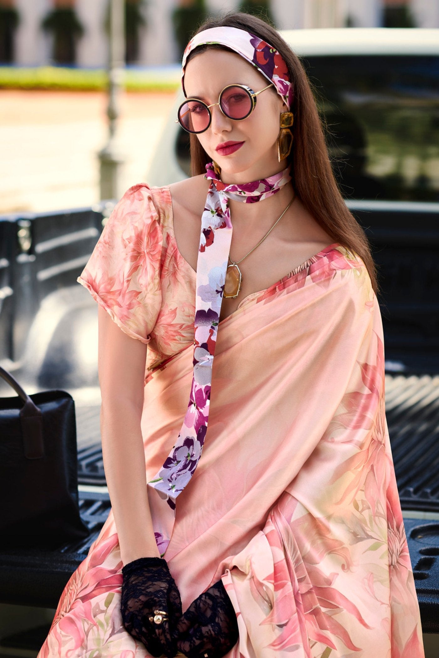 Zinnwaldite Pink Printed Satin Crepe Silk Saree