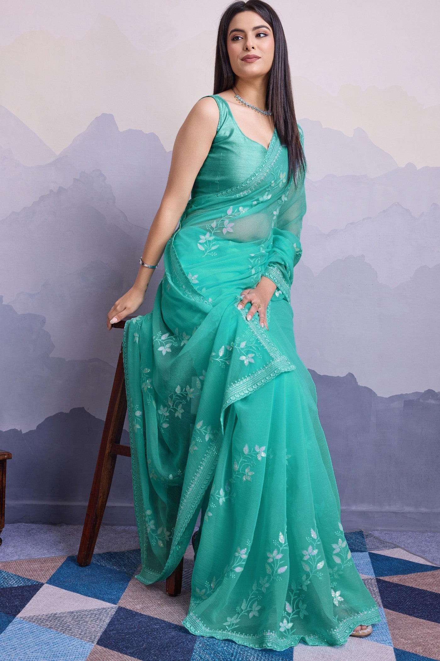 Fancy Green Embroidered Designer Chiffon Saree