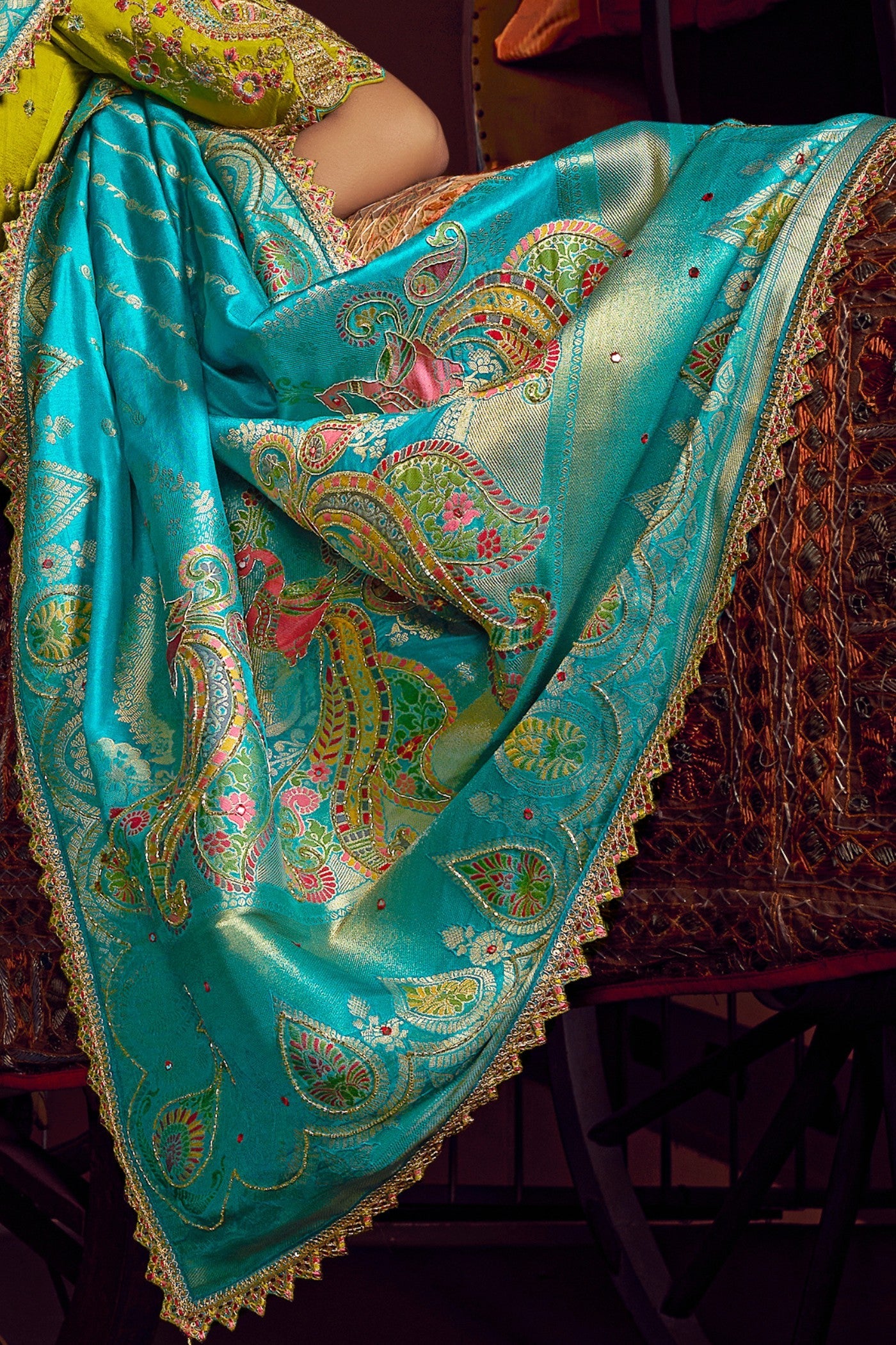 Genoa Blue Designer Banarasi Dola Silk Saree