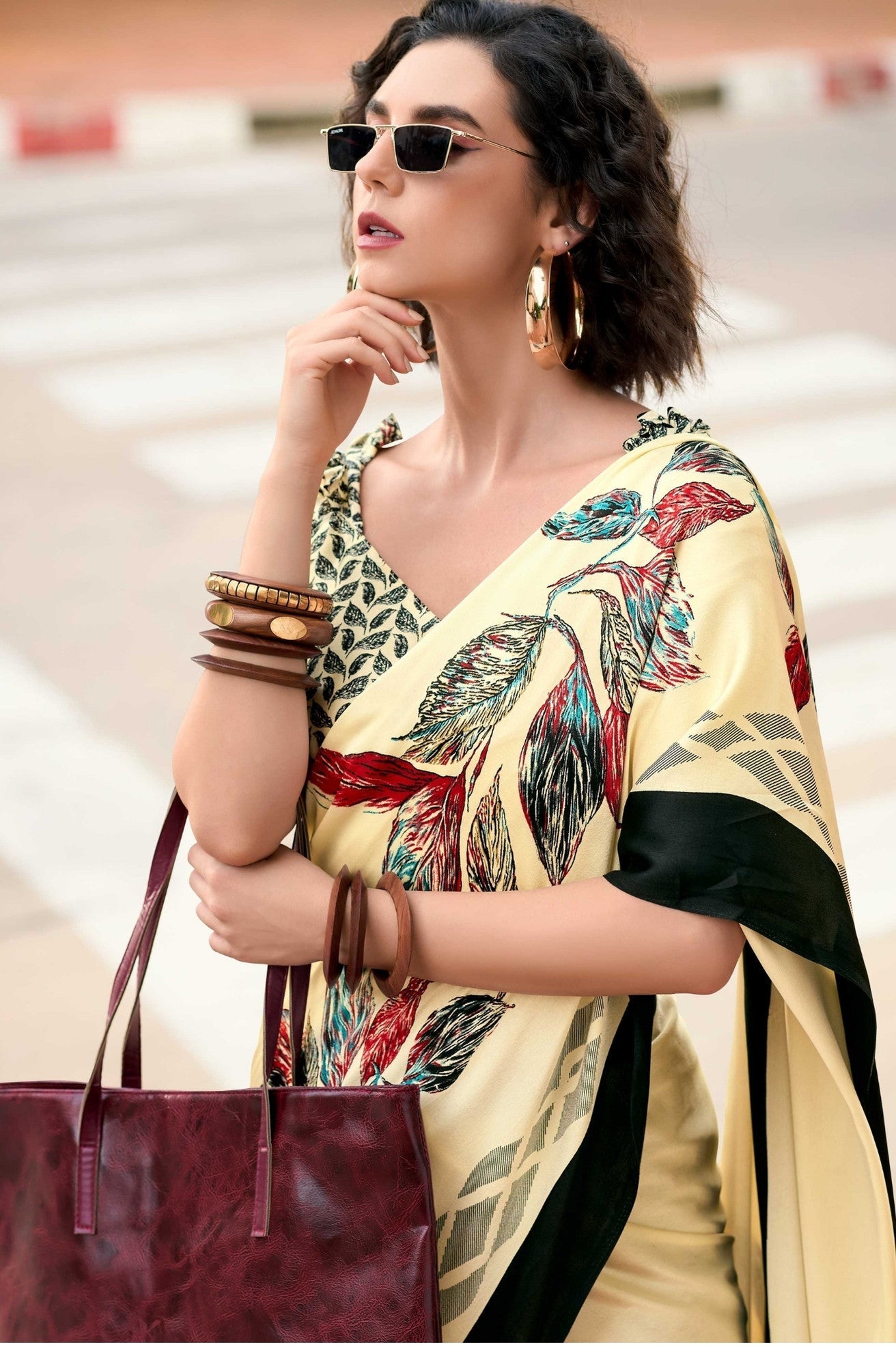 Bisque Cream Printed Satin Crepe Saree