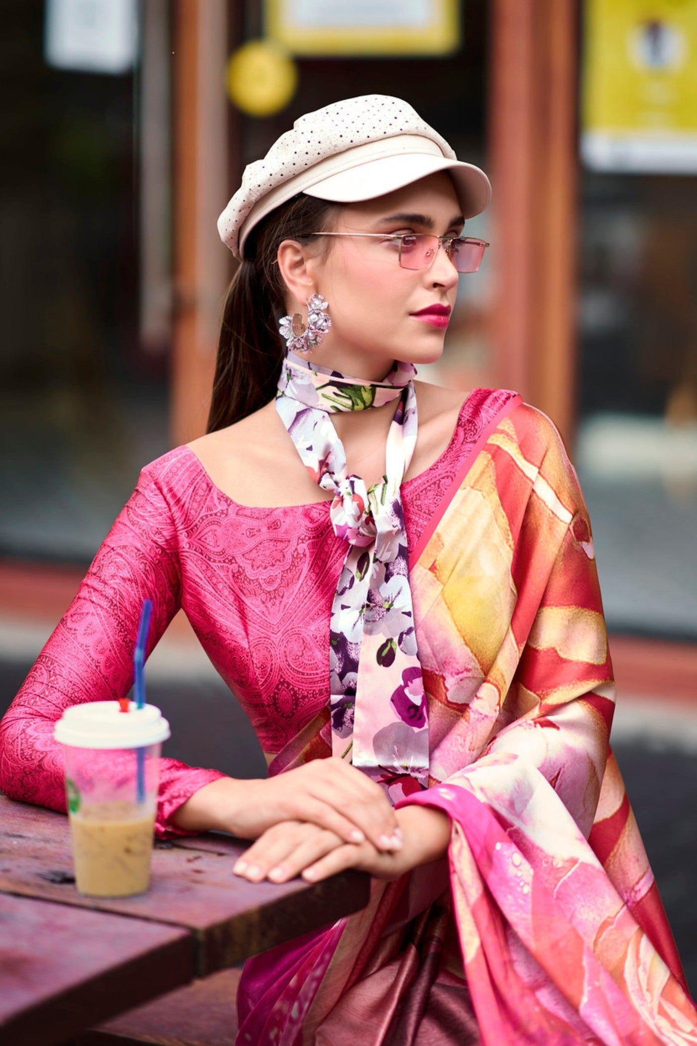 Rusty Red and Pink Printed Satin Crepe Silk Saree