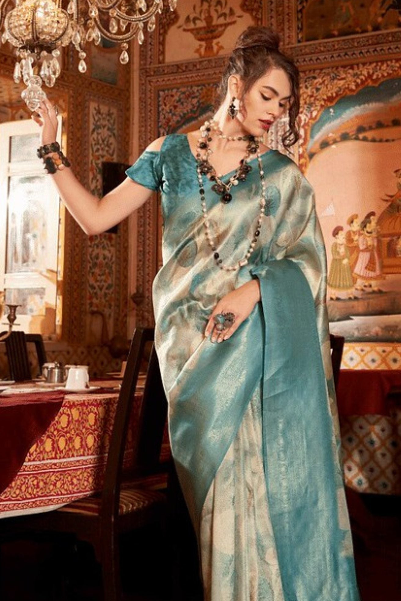 Pewter Blue Banarasi Digital Printed Saree