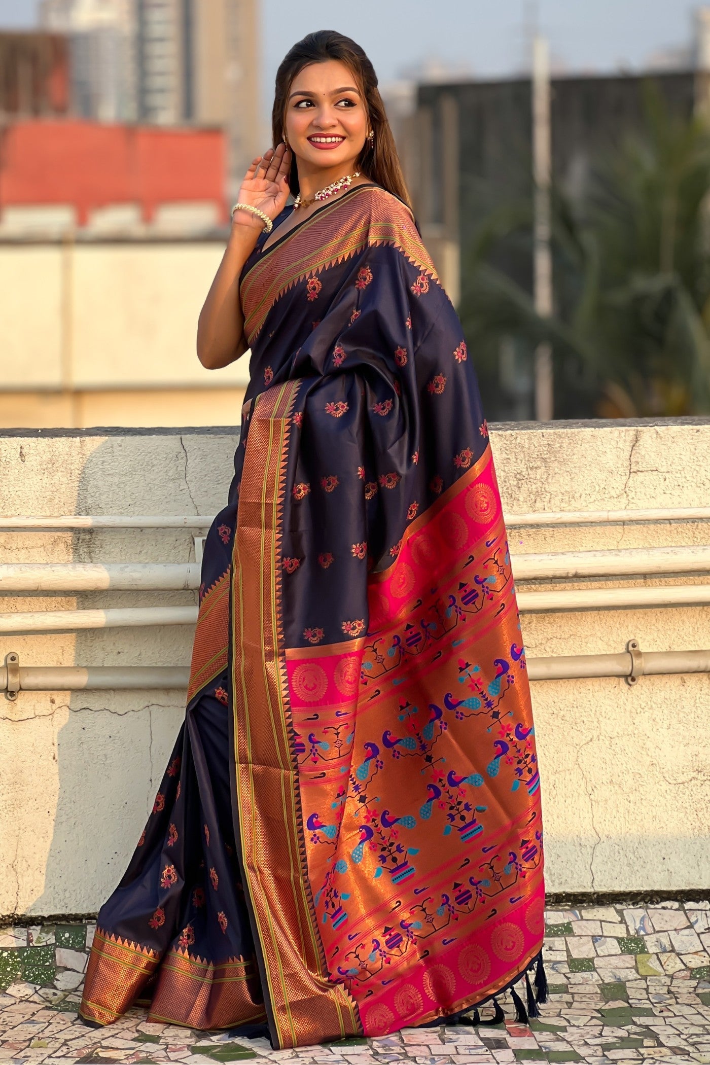 Vulcan Blue Zari Woven Nath Paithani Saree