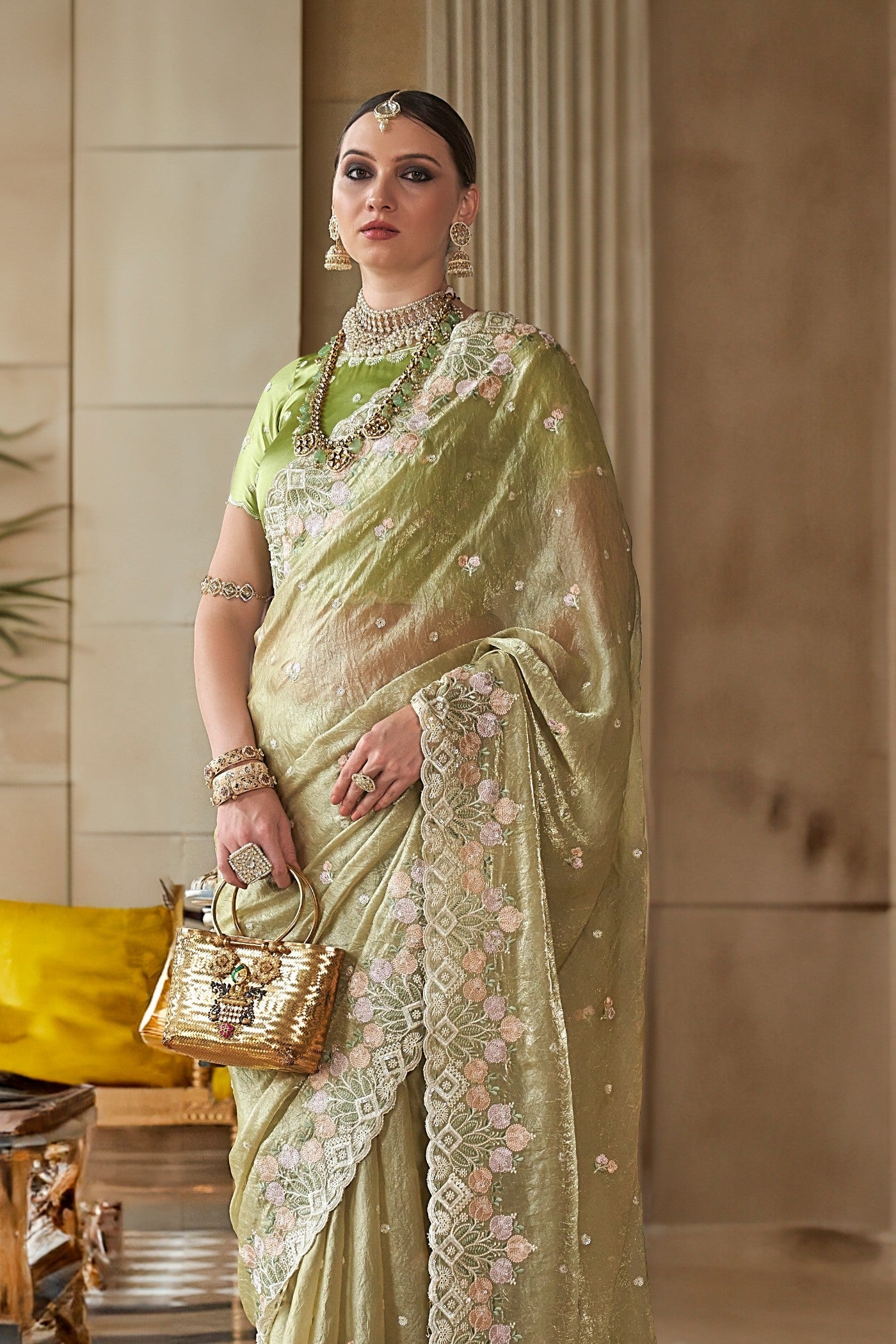 Heathered Green Tissue Designer Saree