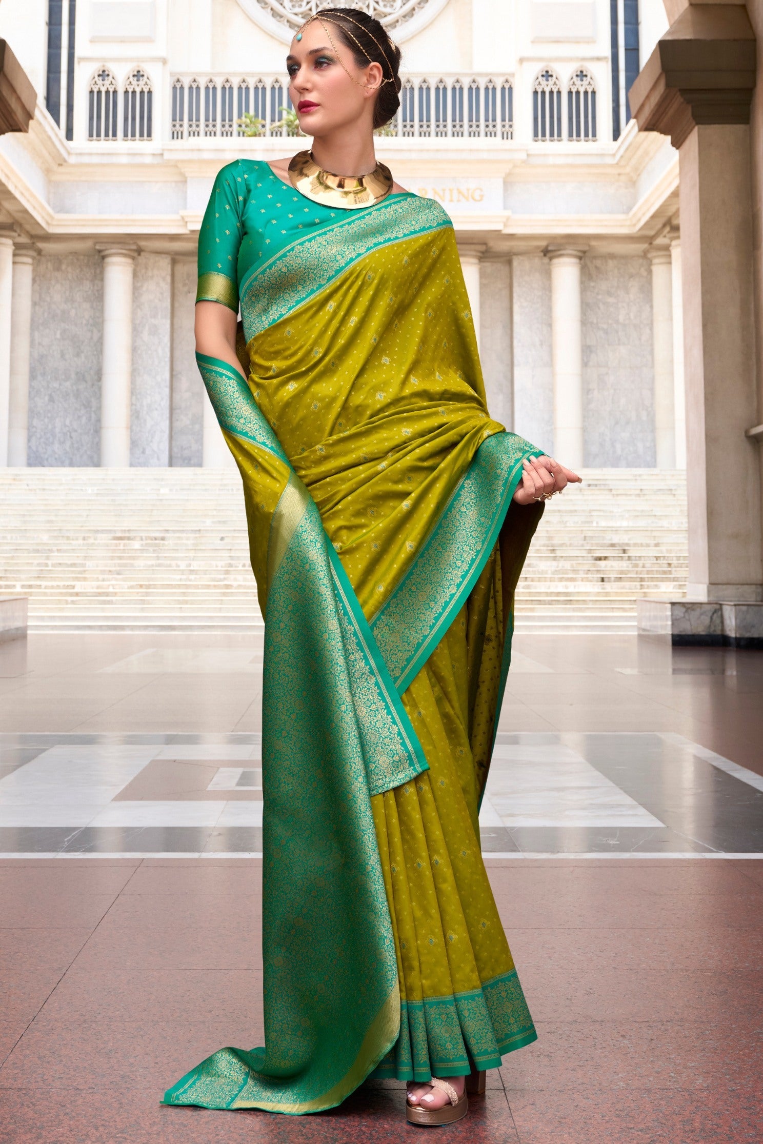 Dark Mustard Green Zari Woven Banarasi Soft Silk Saree