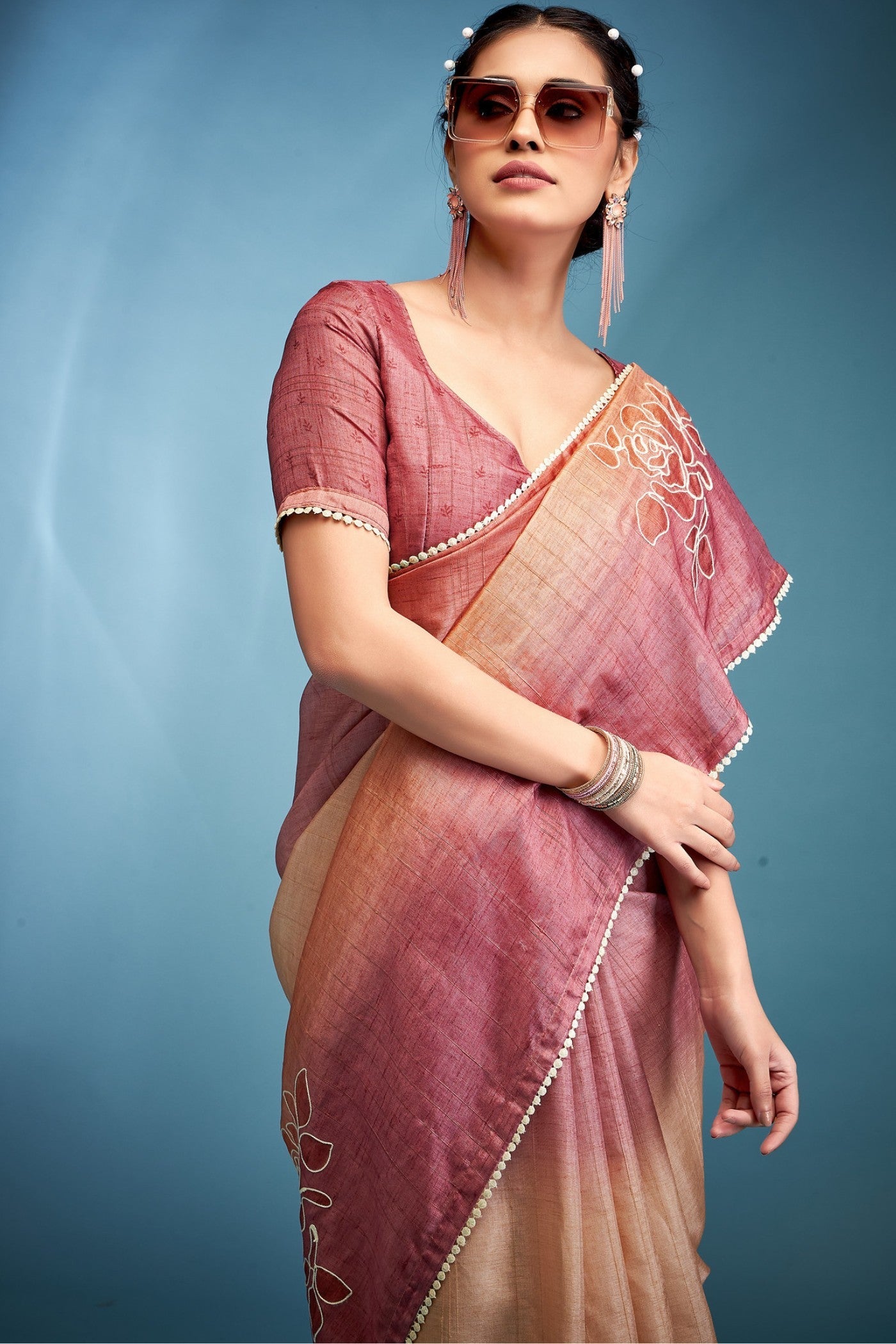 Cosmos Pink Designer Tussar Silk Saree