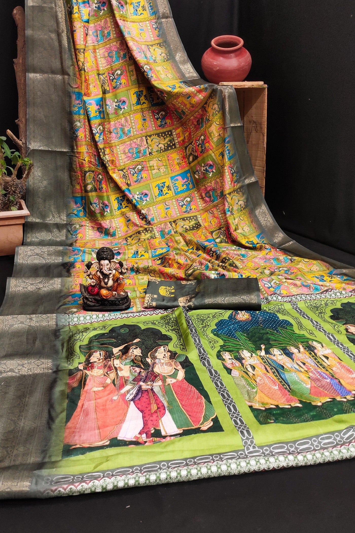 Multicolor Green Digital Printed Kalamkari Saree