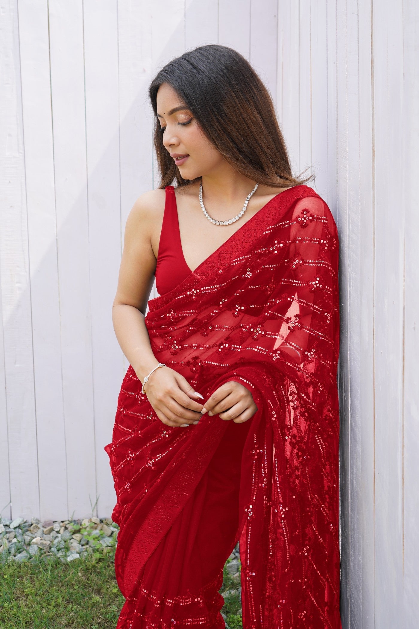 Romantic Red Embroidered Partywear Saree