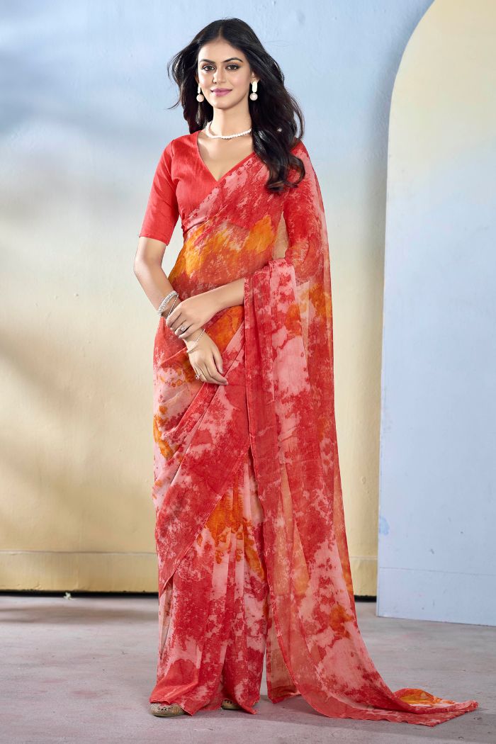 Romanch Red Ready To Wear Georgette Saree