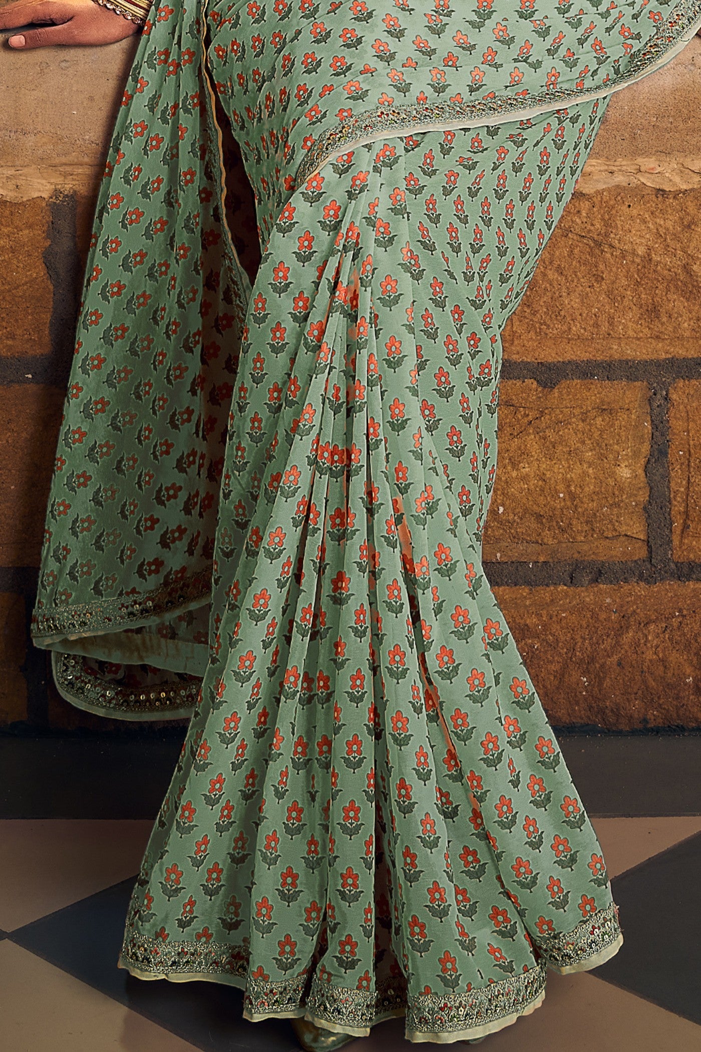 Pista Green Georgette Digital Printed Saree