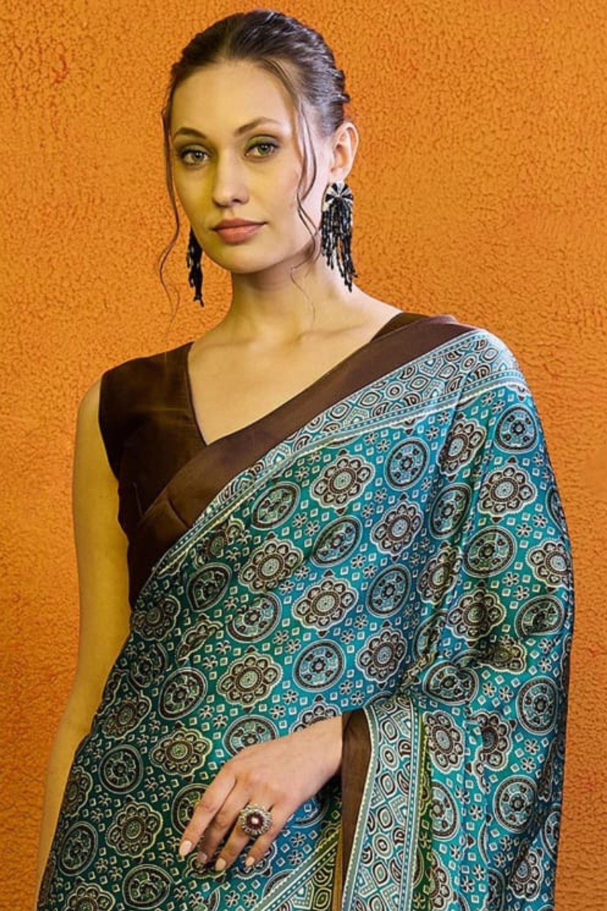 Cutty Sark Blue Printed Ajrakh Satin Crepe Saree