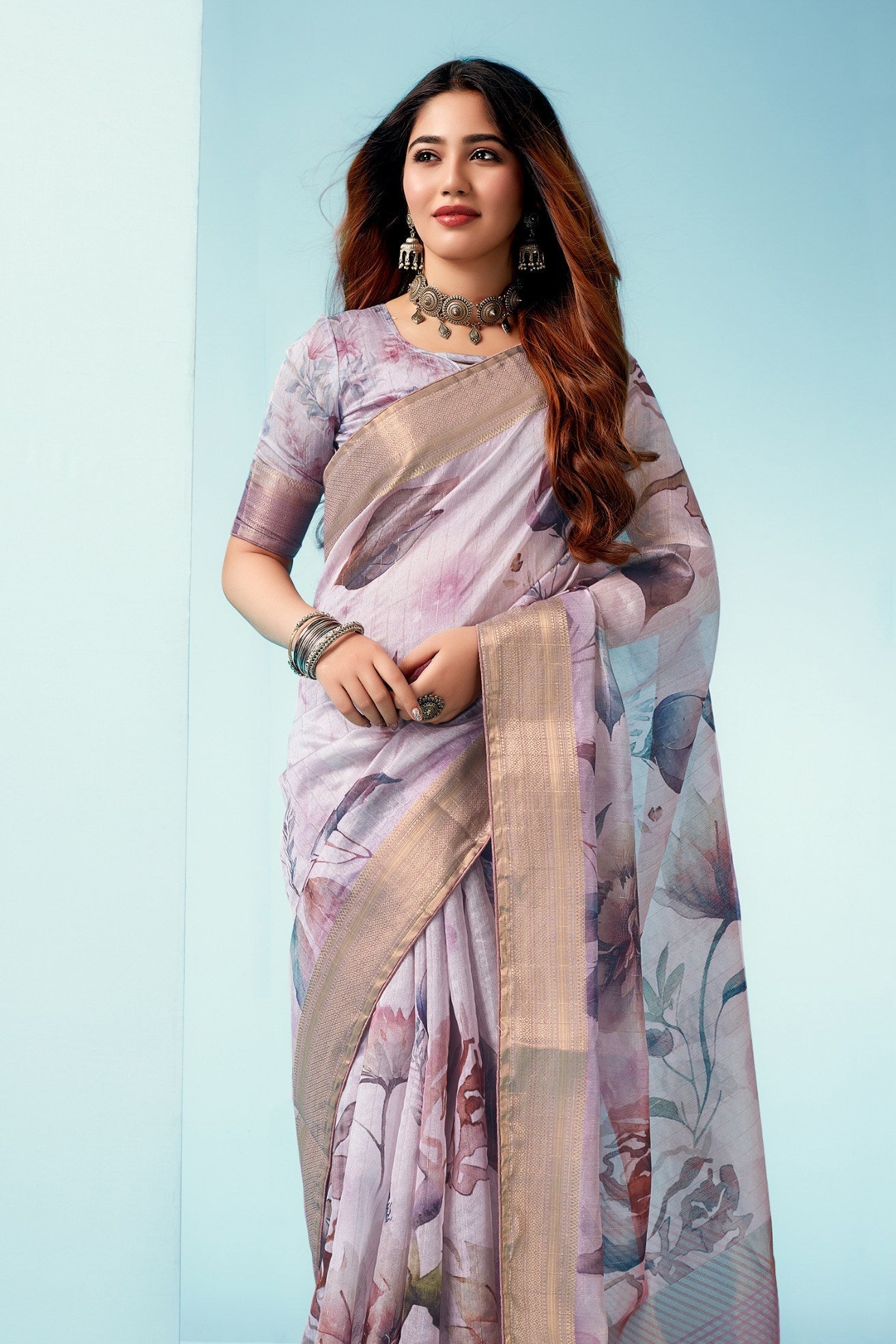 Eggplant Purple Floral Linen Saree