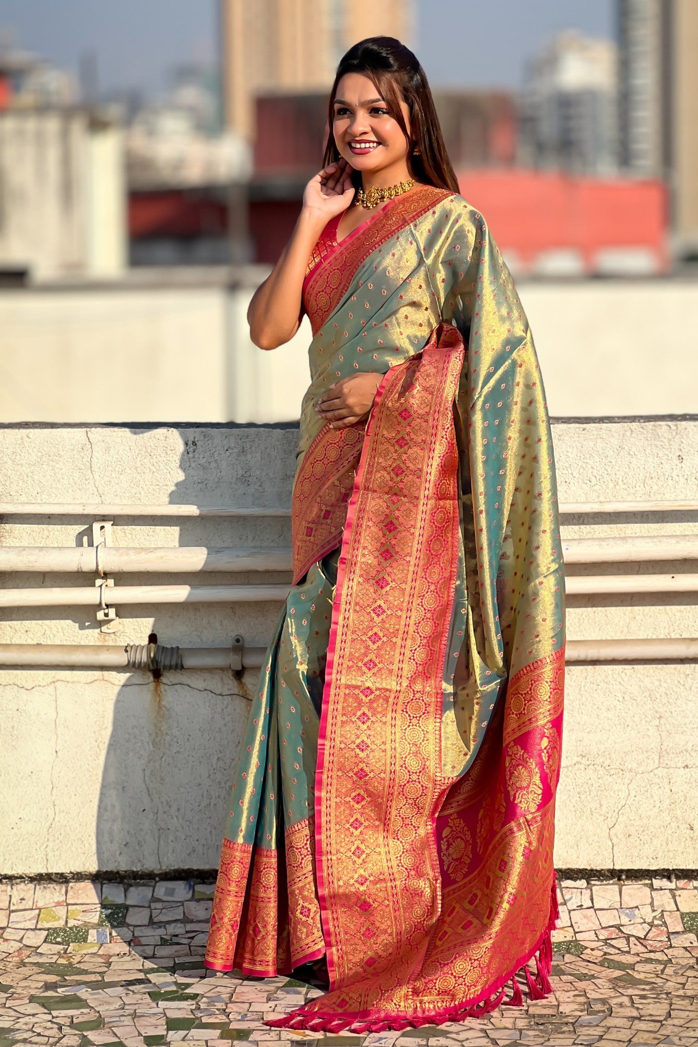 Heathered Green Woven Banarasi Saree