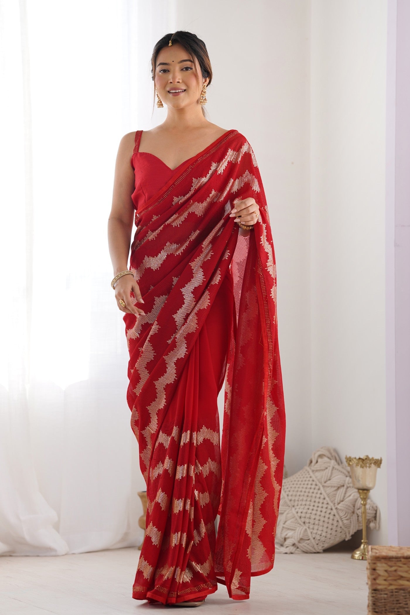 Rose Red Embroidered Partywear Saree