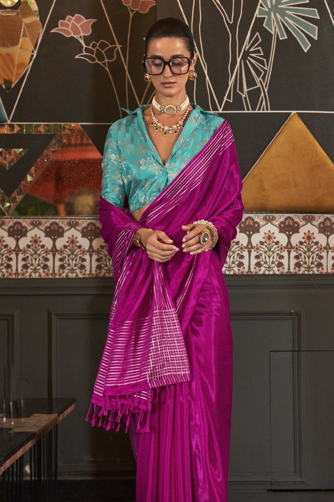 Tapestry Purple Viscose Satin Handloom Saree