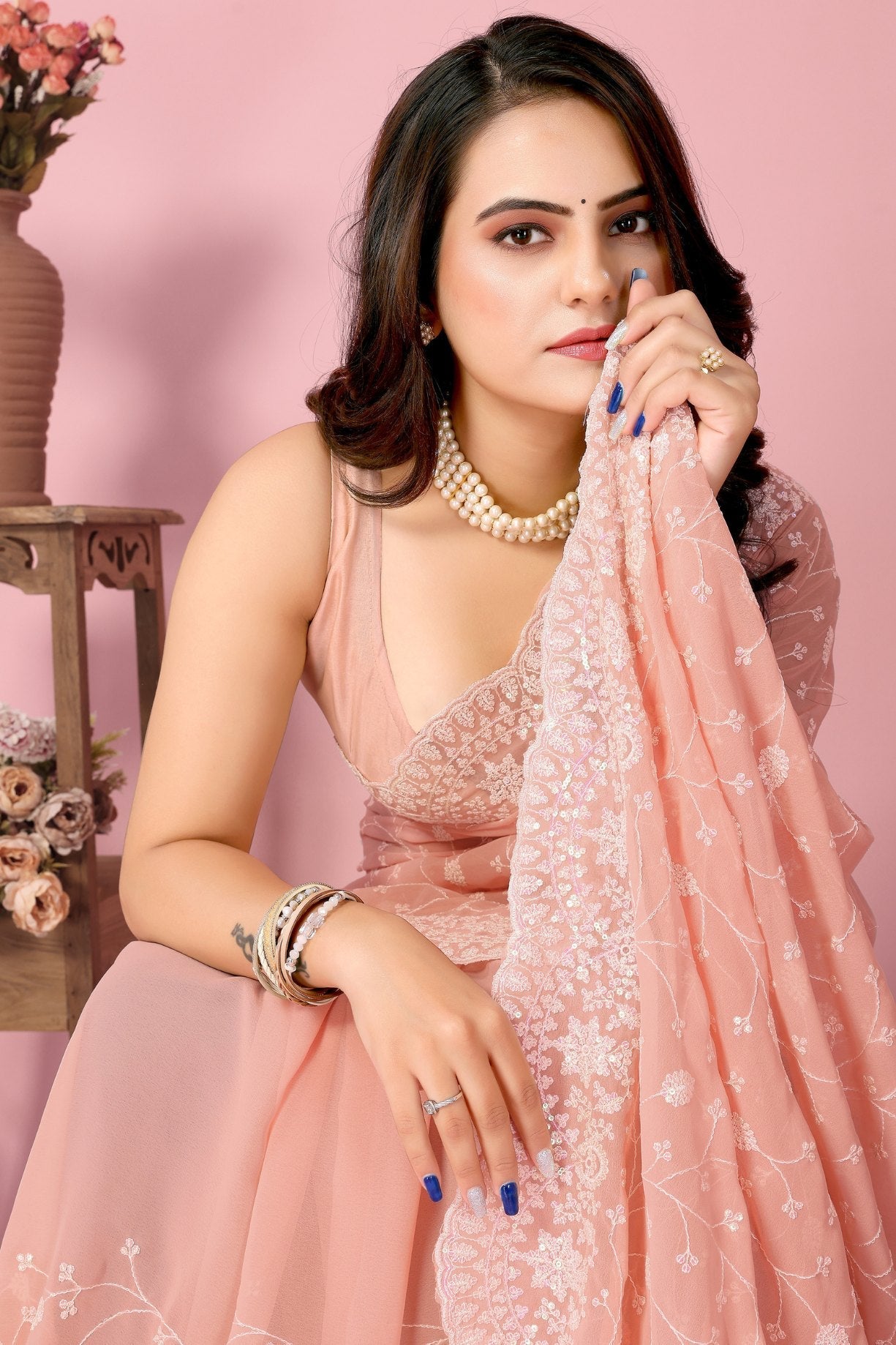 Melon Peach Georgette Embroidered Silk Saree