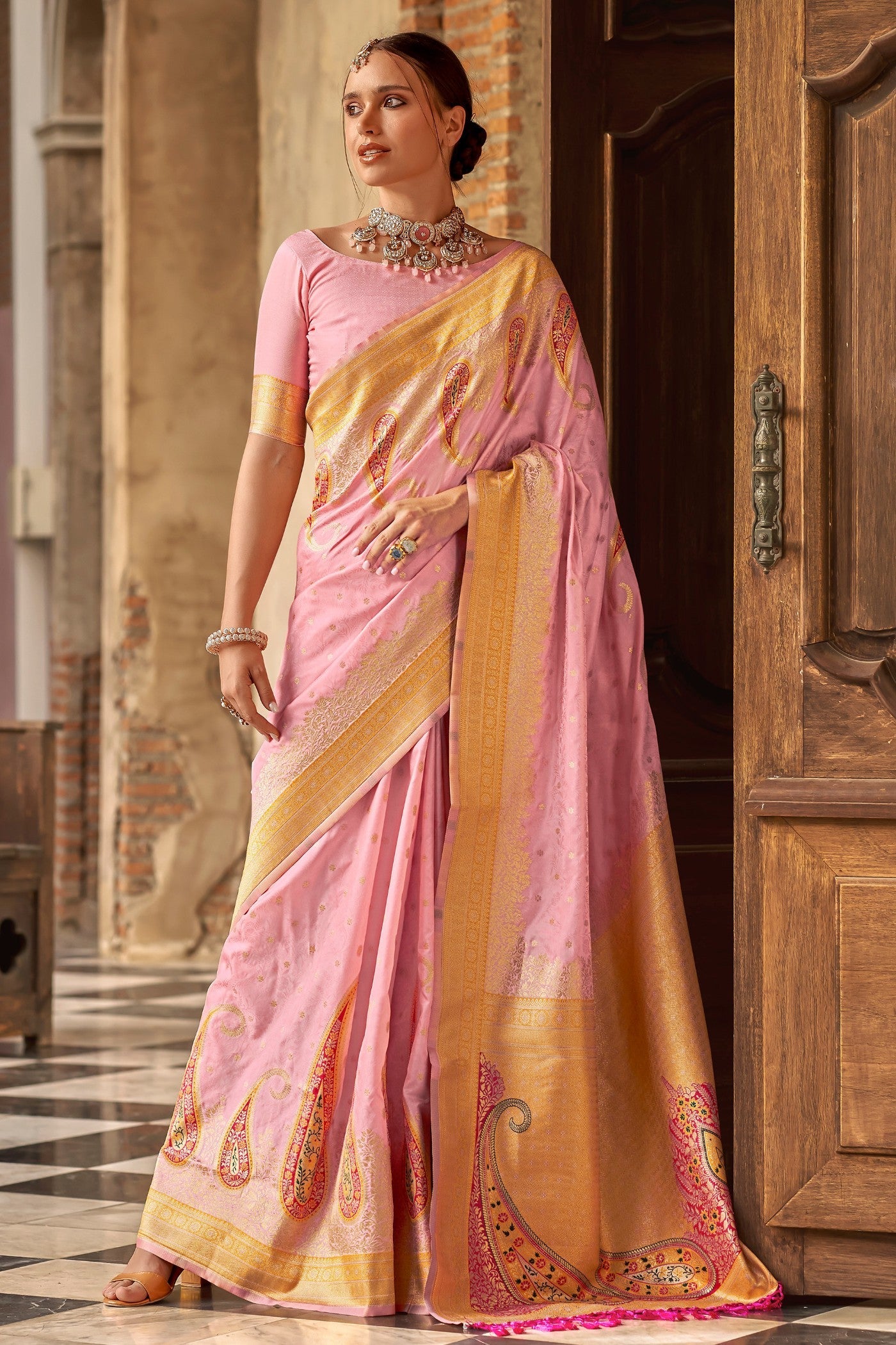 Shilo Pink Banarasi Soft Silk Saree