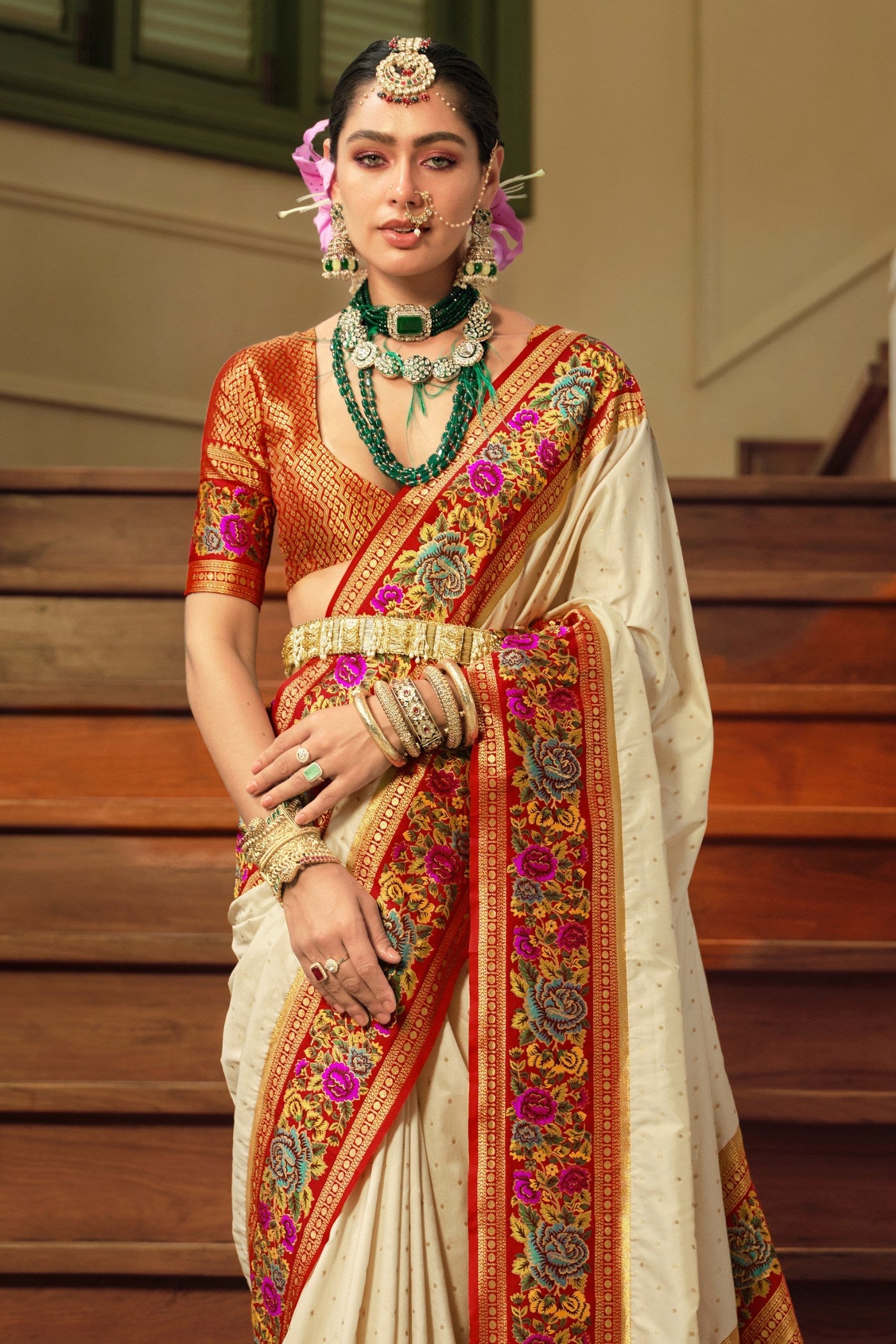 Chamois Cream Printed Banarasi Saree