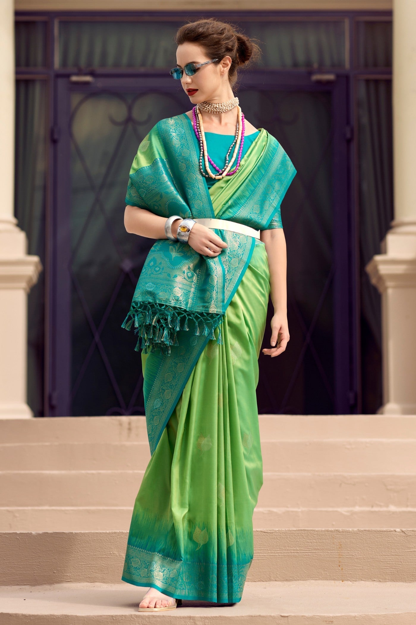 Hippie Green Woven Banarasi Soft Silk Saree