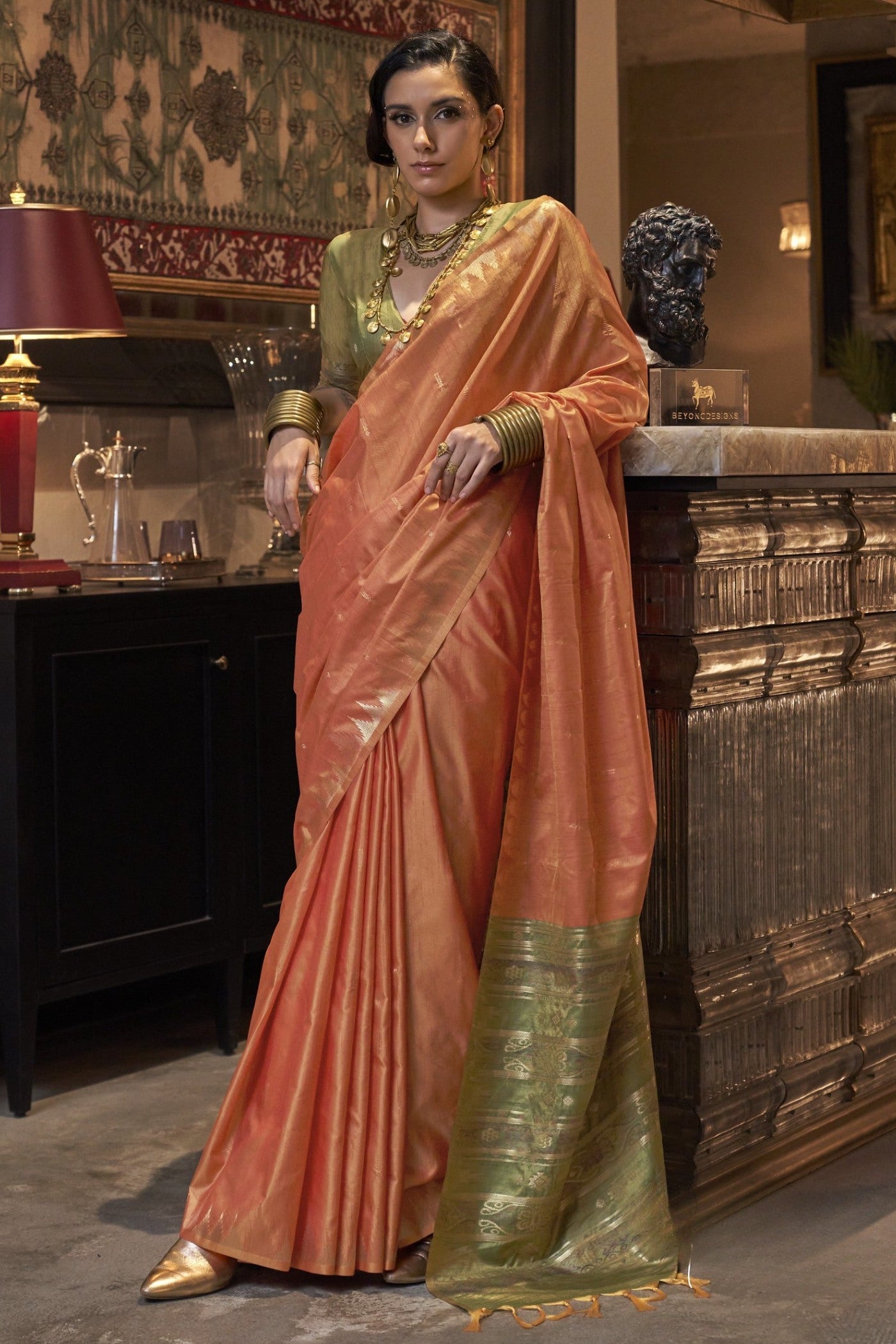 Koromiko Orange Woven Linen Saree