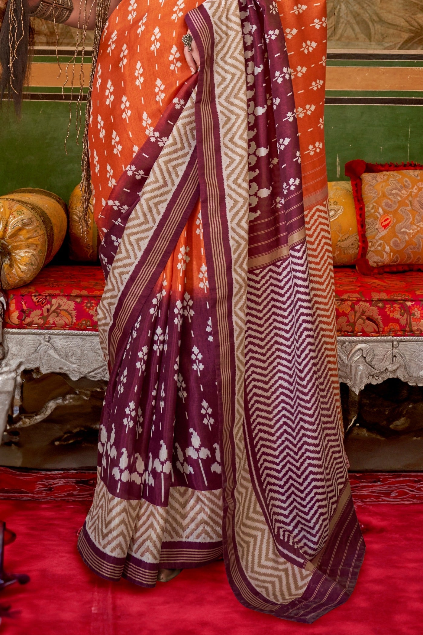 Flamingo Orange and Brown Printed Patola Saree