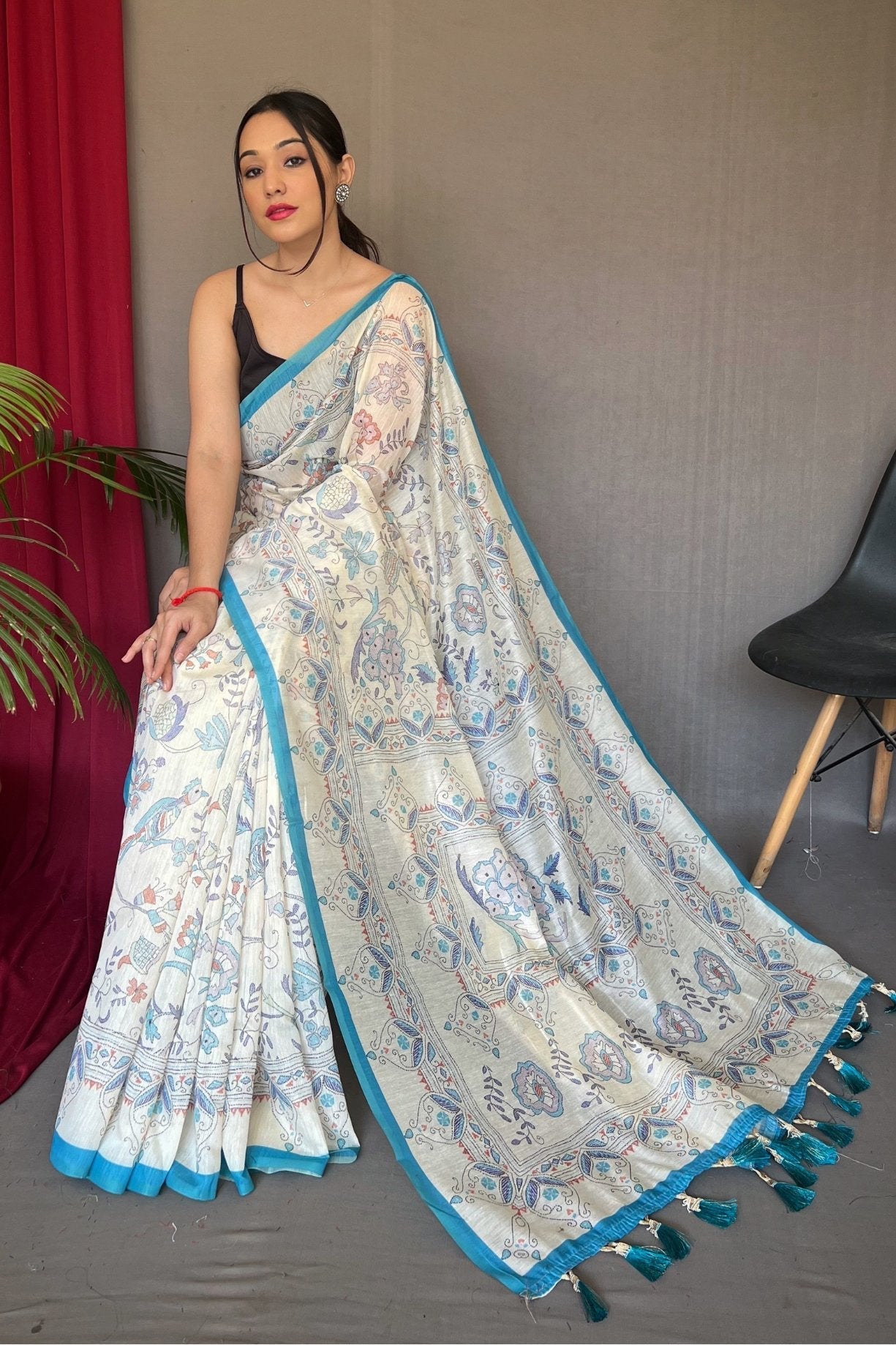 River Blue and White Printed Cotton Saree