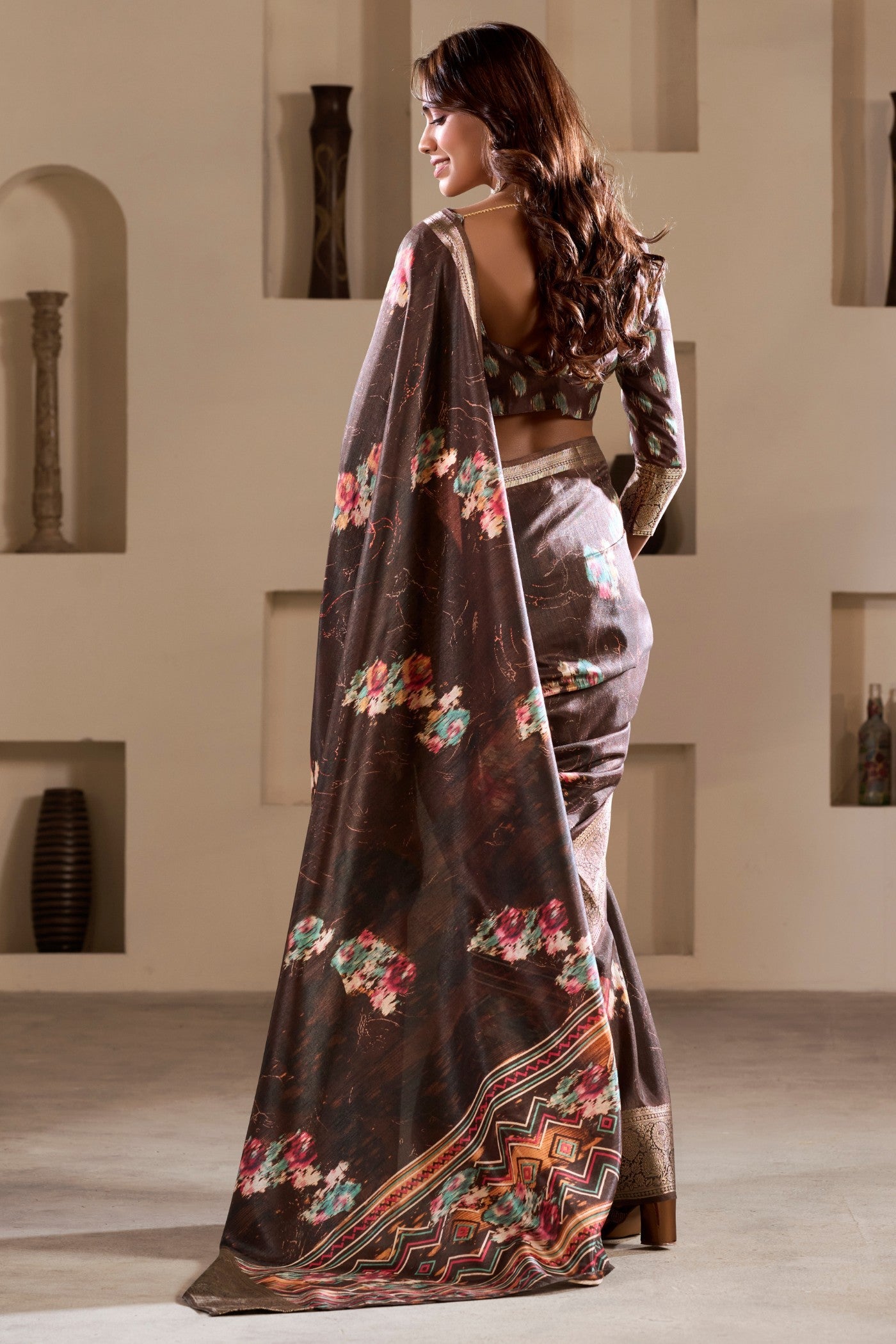 Americano Coffee Brown Printed Soft Dola Silk Saree