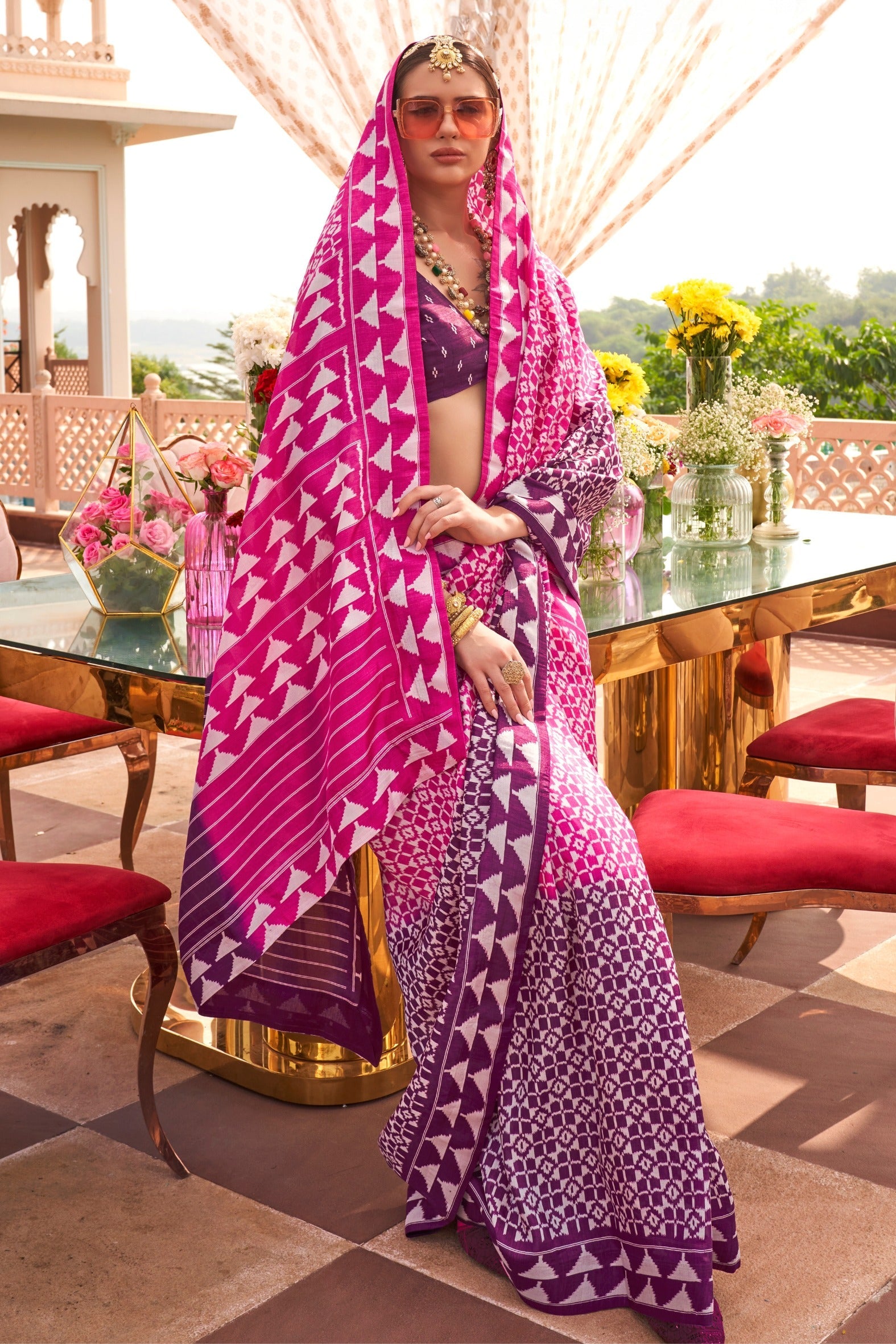 Melon Pink and Purple Printed Patola Saree