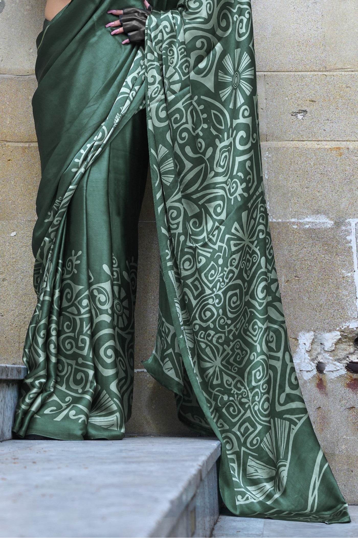 Luster Green Printed Satin Crepe Silk Saree