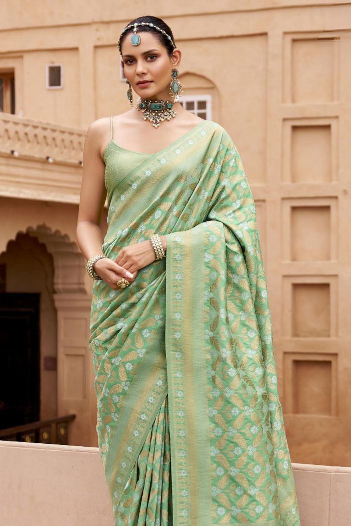 Lime Green Woven Banarasi Saree