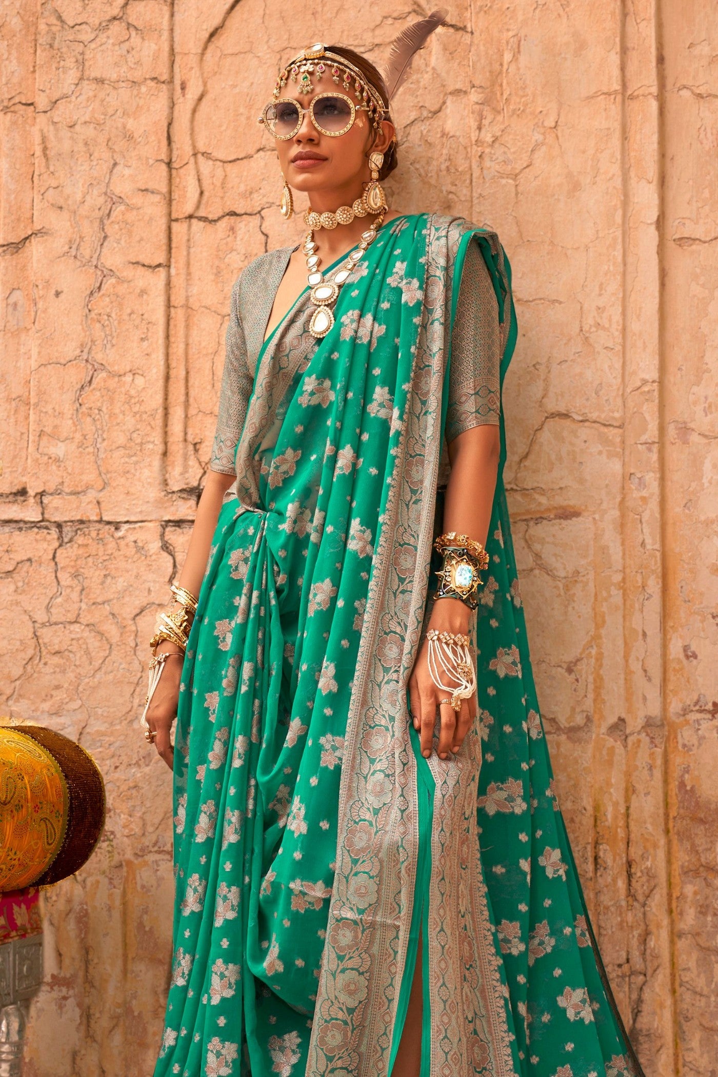 Jungle Green Zari Woven Georgette Saree