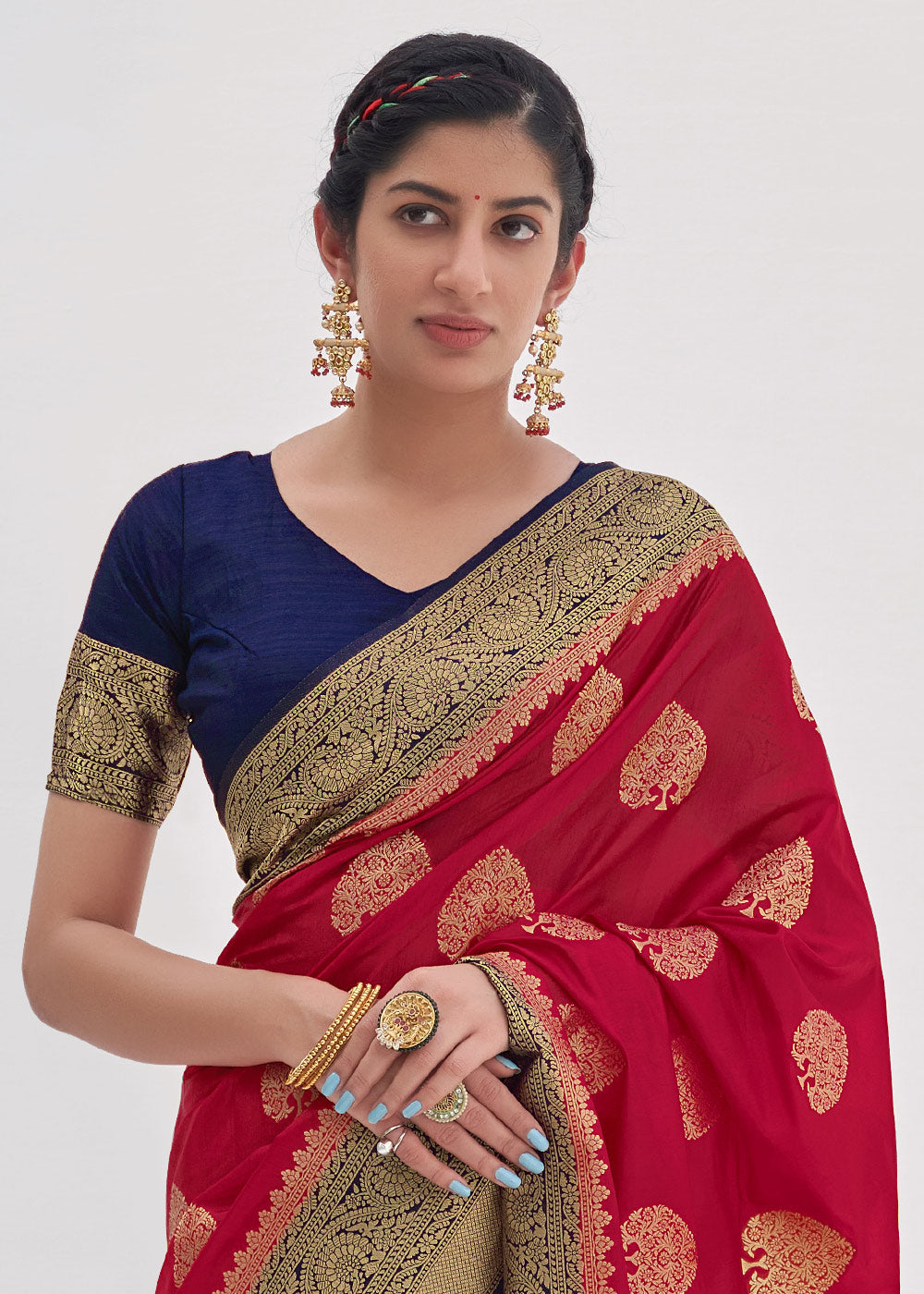 Carmine Red Zari Woven Organza Silk Saree