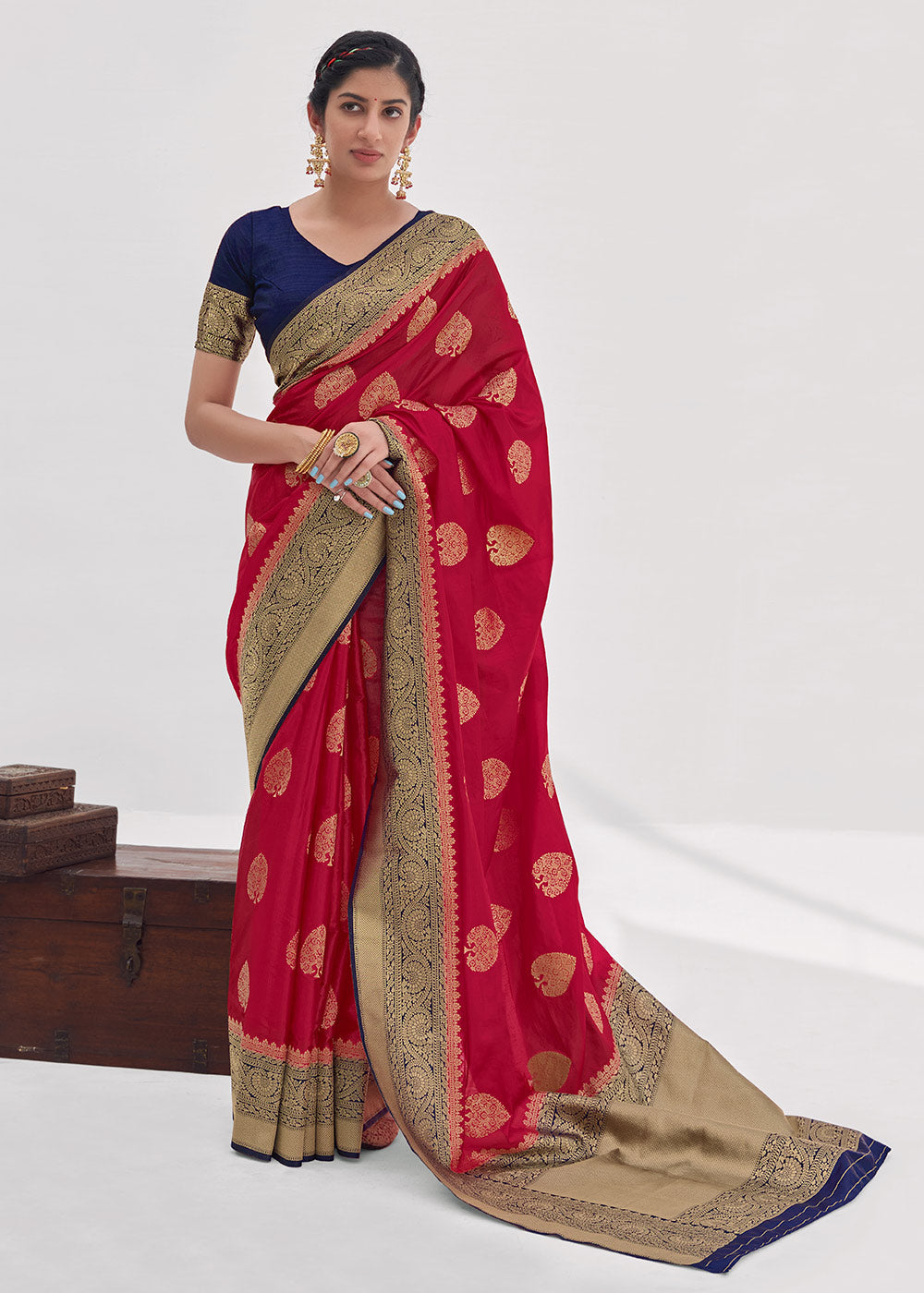 Carmine Red Zari Woven Organza Silk Saree