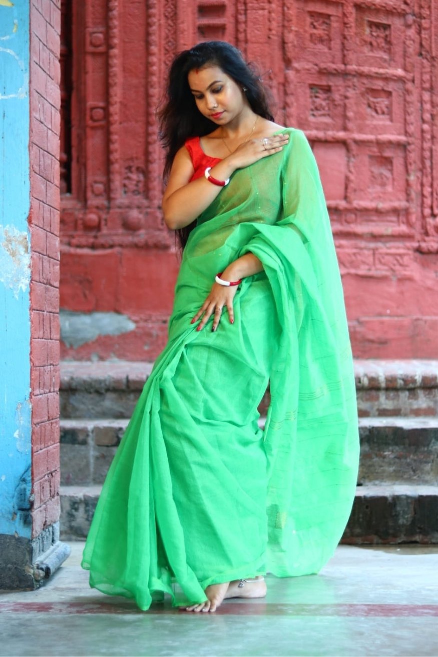 Pista Green Cotton Sequence Chumki Saree