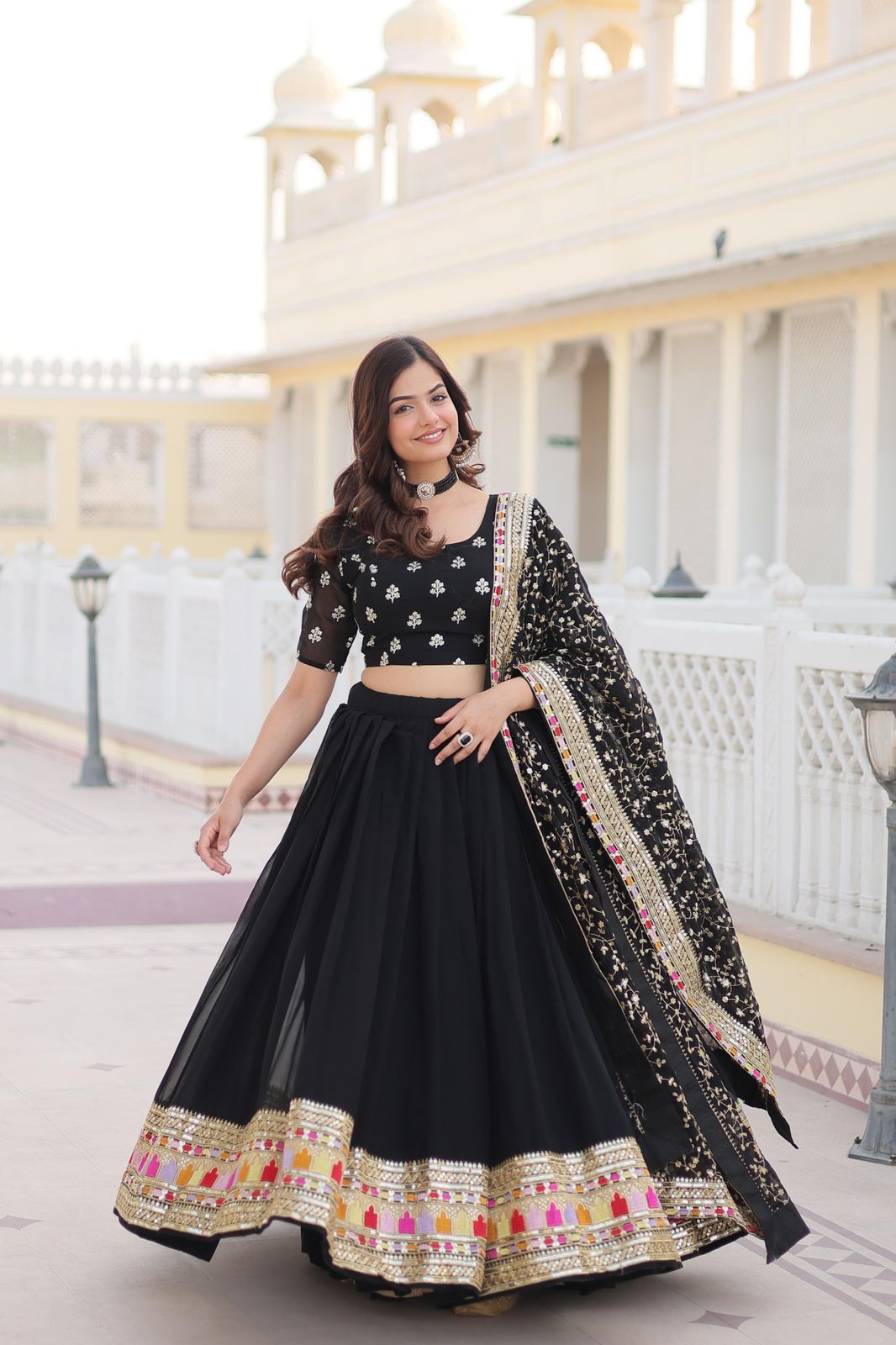 Trending Black Embroidered Fully Flaired Georgette Lehenga With Rich Sequins And Thread Embroidered Work