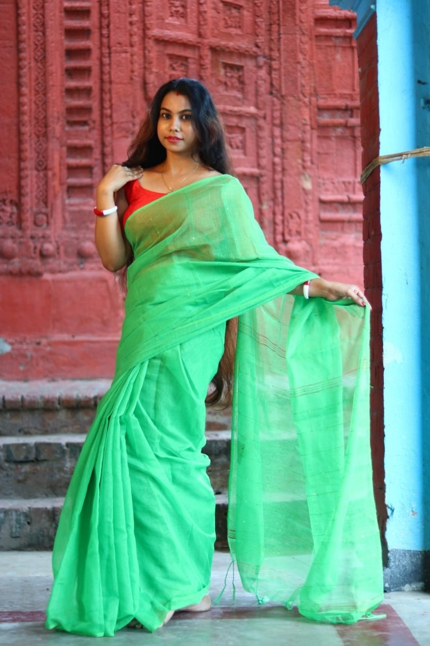 Pista Green Cotton Sequence Chumki Saree