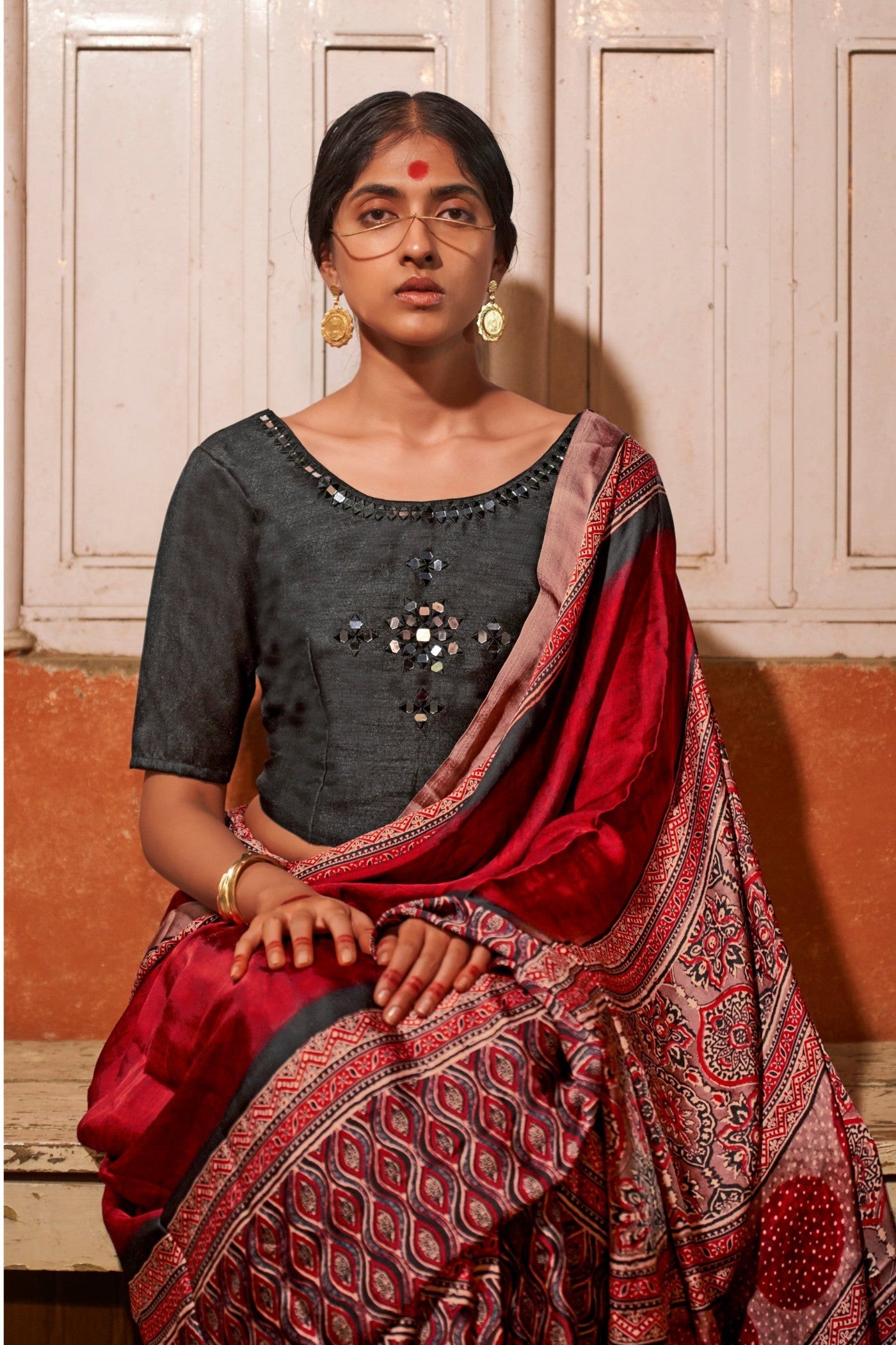 Dark Red Ajrakh Handprinted Satin Saree