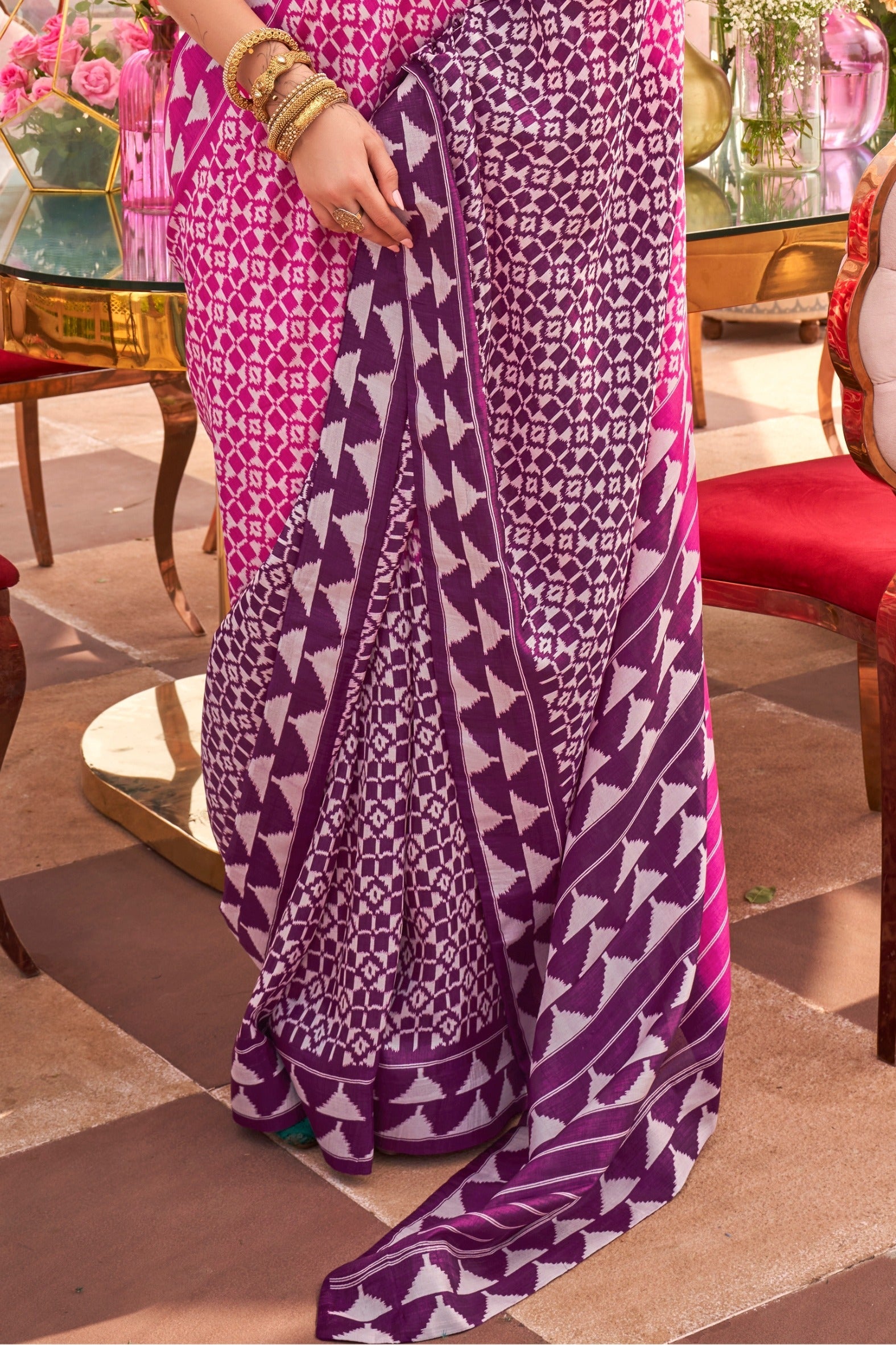 Melon Pink and Purple Printed Patola Saree