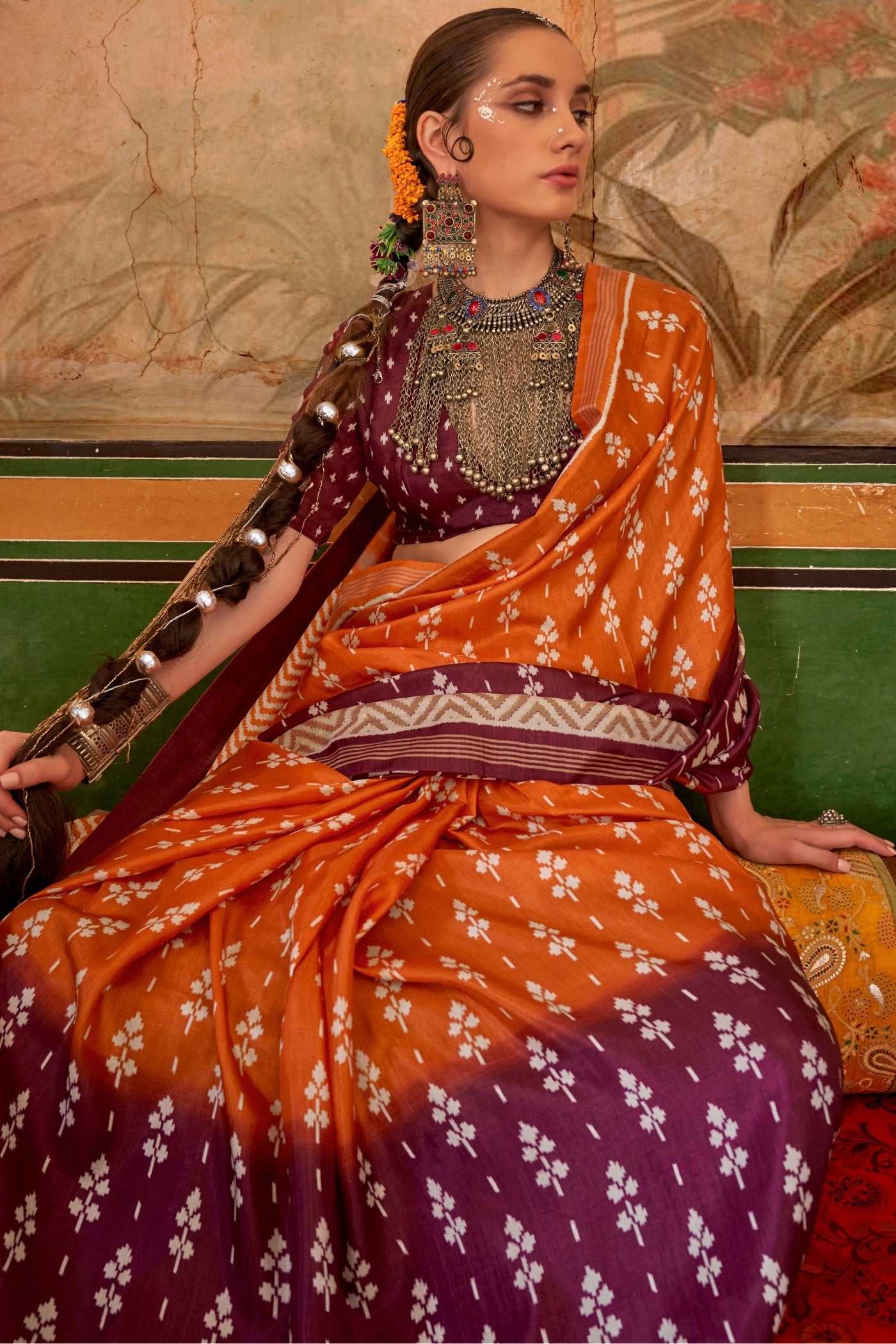 Flamingo Orange and Brown Printed Patola Saree