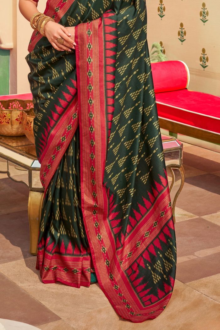 Cadmium Green Printed Banarasi Soft Silk Saree