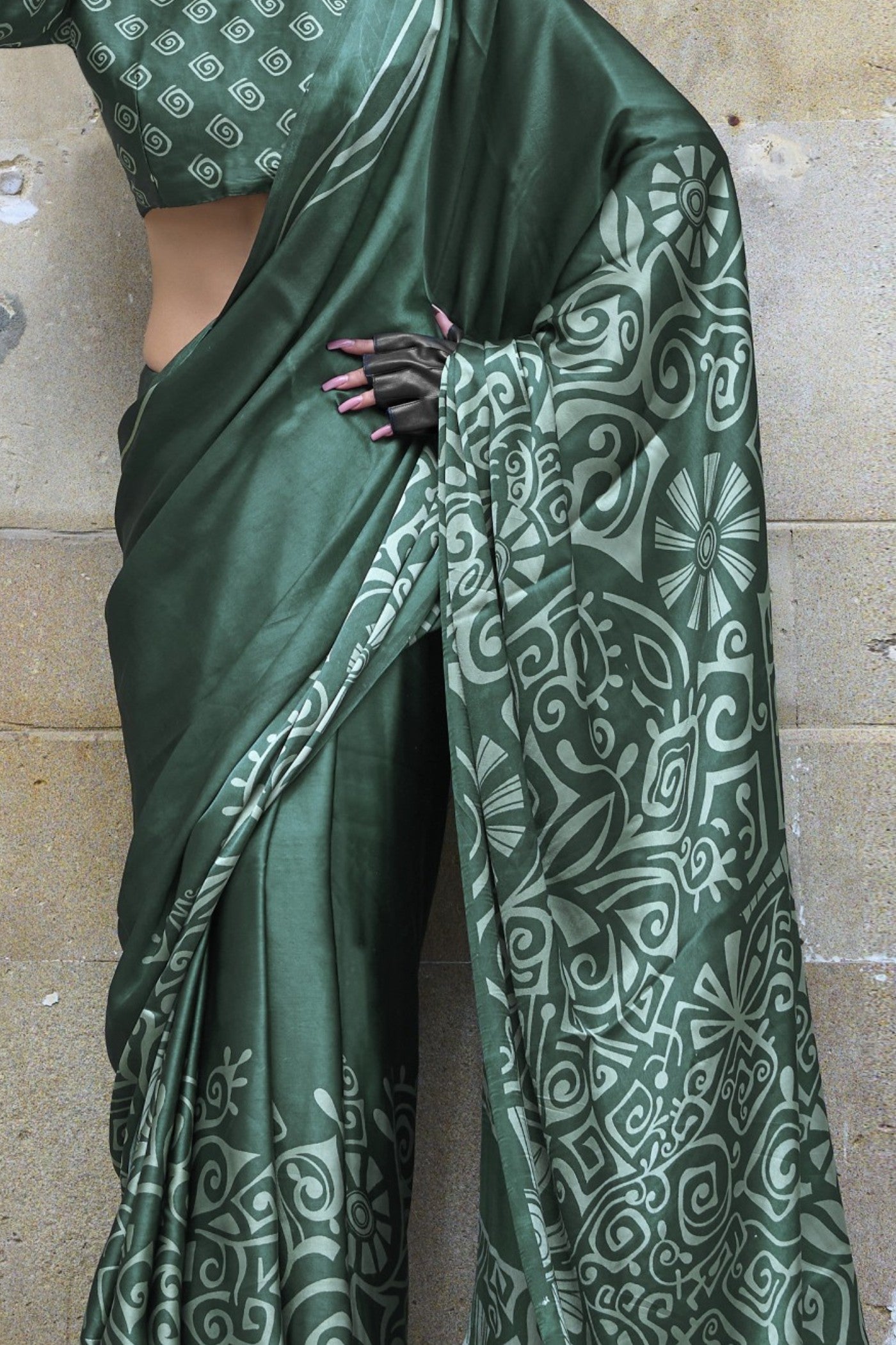 Luster Green Printed Satin Crepe Silk Saree