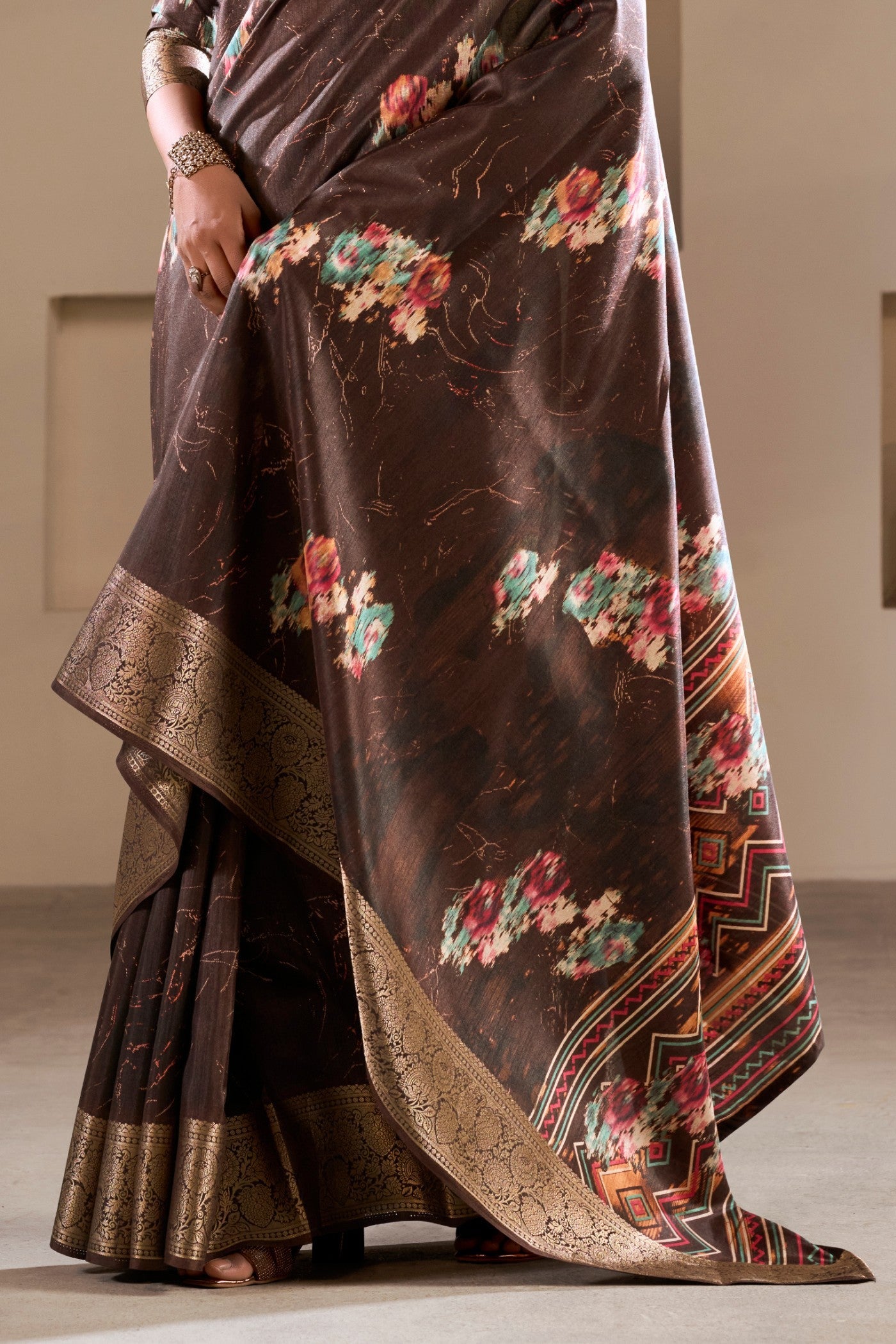 Americano Coffee Brown Printed Soft Dola Silk Saree